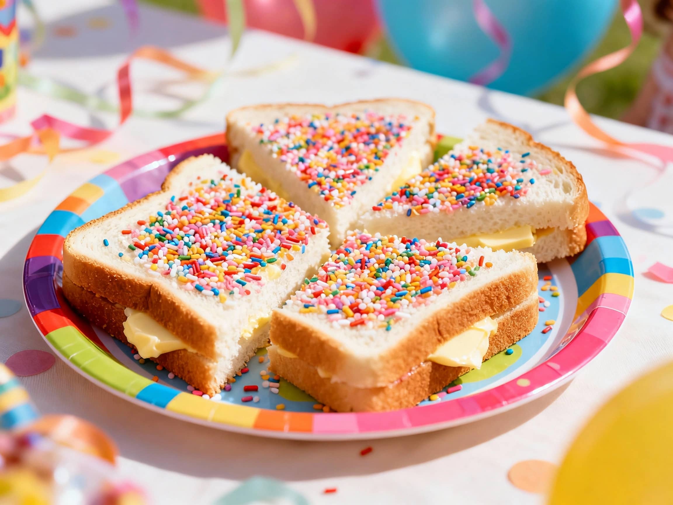 A whimsical, slightly elevated shot of fairy bread slices arranged artfully on a colourful, child-friendly plate. The white bread is liberally covered in vibrant 'hundreds and thousands' sprinkles, creating a dazzling effect. The butter spread is visible at the edges. The background is softly blurred, suggesting a child's birthday party setting with hints of balloons or streamers. The lighting is bright, soft, and cheerful, emphasizing the playful nature of the treat. The atmosphere is pure, innocent joy.