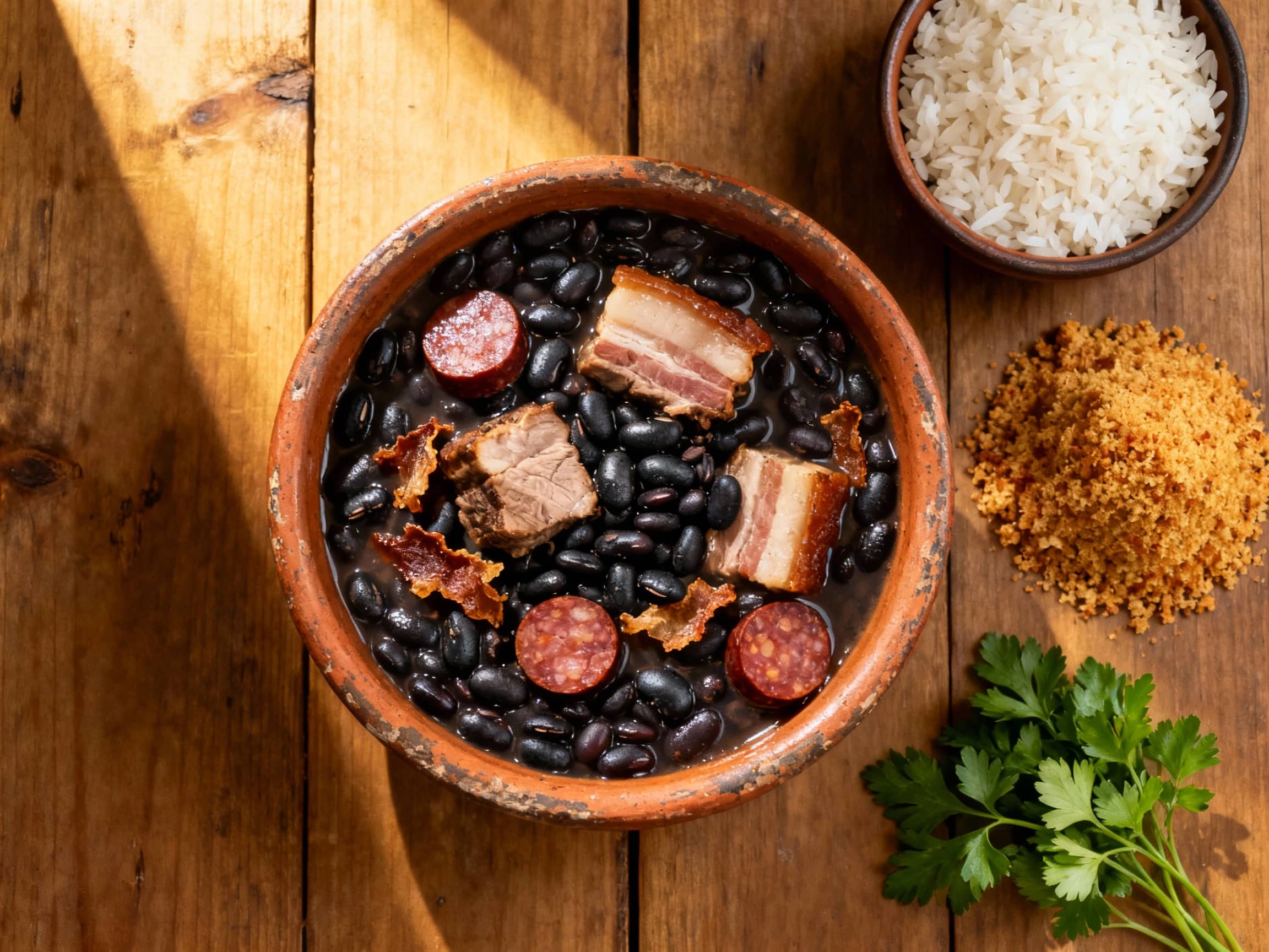 A rustic, earthenware bowl filled with hearty Feijoada, showcasing black beans, various pork cuts, and chouriço. Served on a simple wooden table with a side of white rice, farofa, and a scattering of fresh greens. Natural light illuminates the scene, casting a warm, inviting glow, with a slight overhead angle. Atmosphere is cozy and traditional.