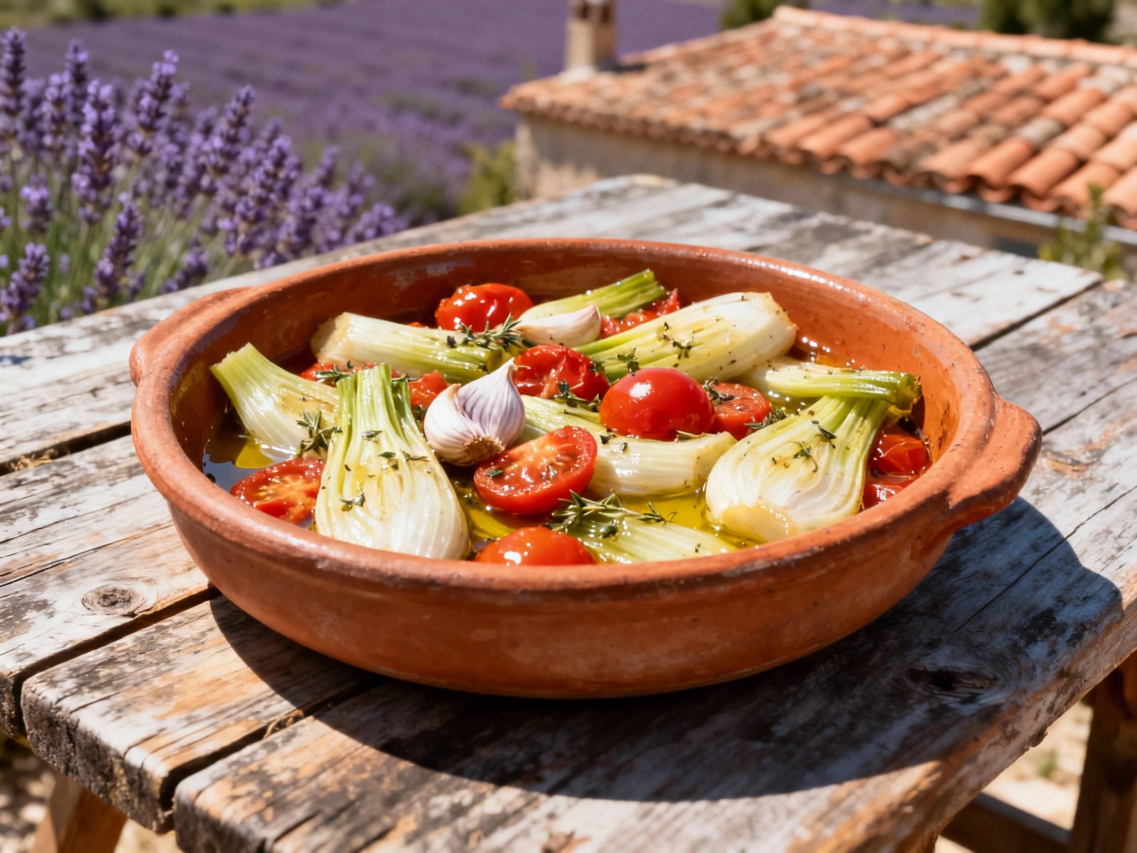 A rustic earthenware dish filled with braised fennel (Fenouil à la Provençale), showing tender pieces of fennel softened with ripe tomatoes, garlic cloves, and flecks of herbs. The dish is glistening with olive oil and set on a sun-dappled, weathered wooden table. In the background, hints of lavender fields and terracotta roofs evoke the Provençal landscape. The lighting is bright and natural, typical of the South of France. A close-up, slightly angled shot captures the inviting texture and vibrant colors of the dish.