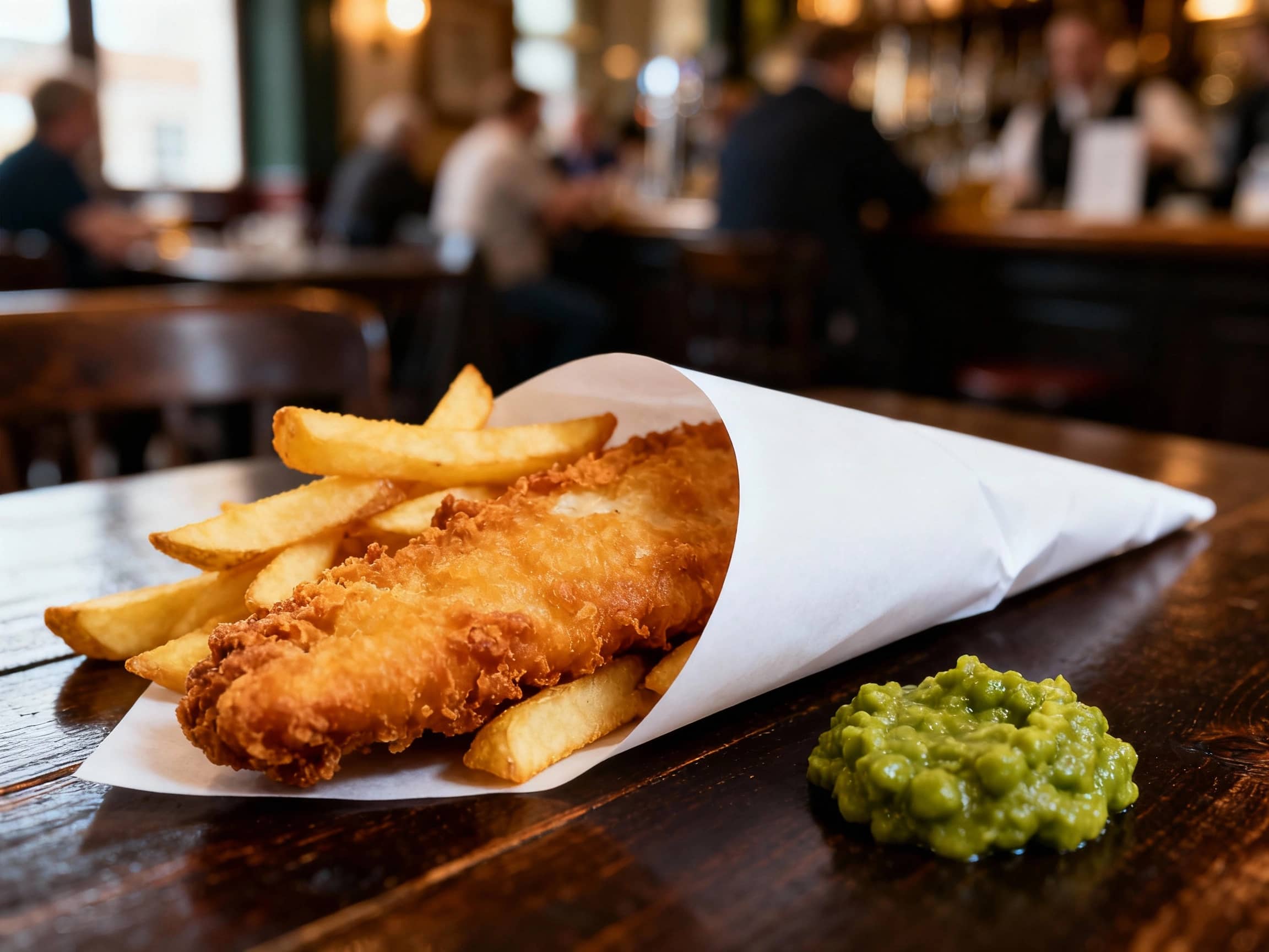 A close-up, slightly elevated view of a generous portion of golden-brown, crispy battered fish and thick-cut chips on a white paper cone, resting on a dark wooden table. A small portion of mushy peas is visible on the side. Warm, natural light illuminates the scene, creating a slightly rustic and inviting atmosphere. The background is softly blurred, hinting at a bustling traditional British pub setting.