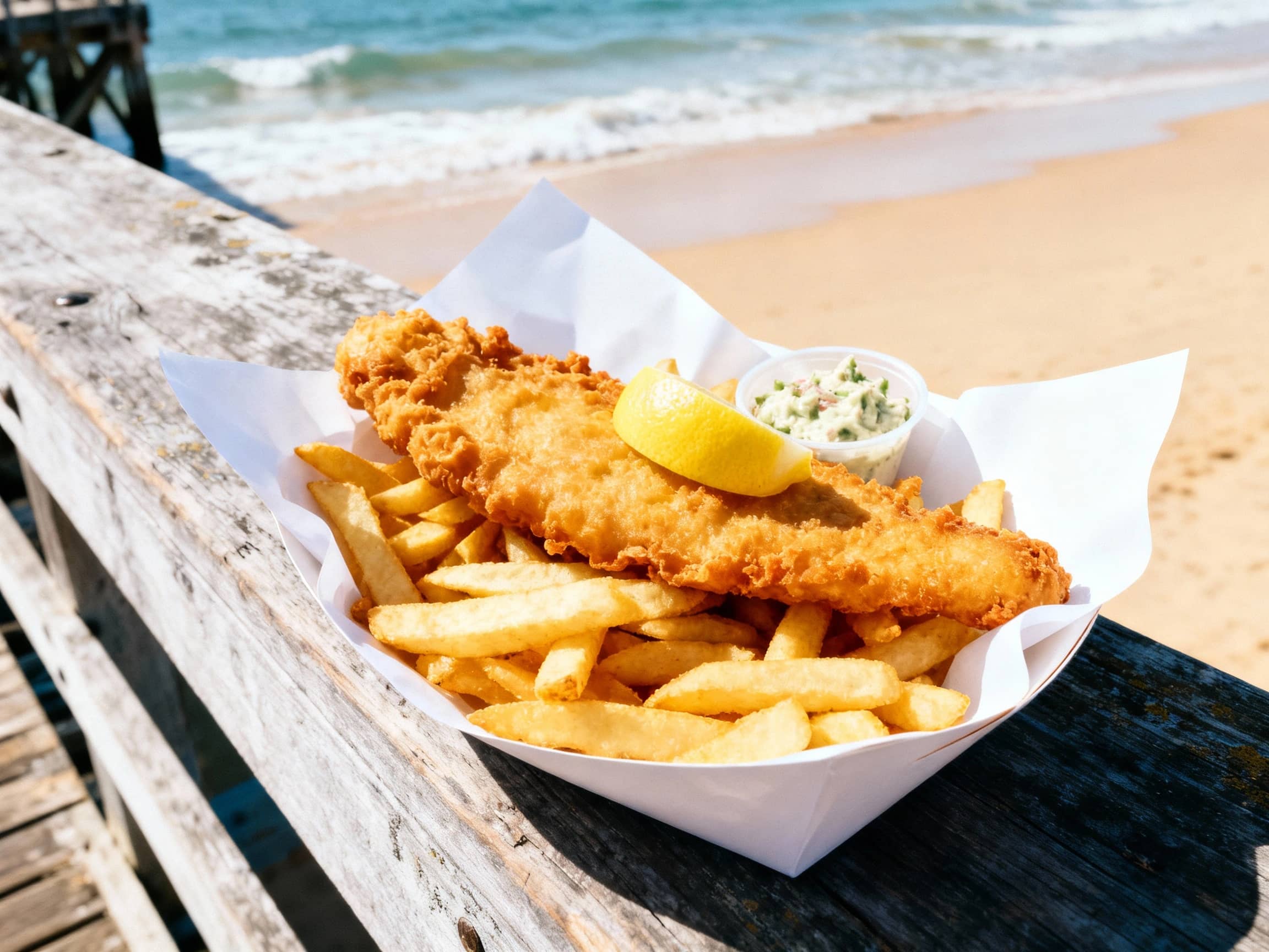 A vibrant, slightly high-angle shot of a generous portion of golden-battered fish and thick-cut chips served in a traditional white paper-lined basket. A lemon wedge rests on the fish, and a small container of tartare sauce is visible. The scene is set on a weathered wooden pier overlooking a sun-drenched Australian beach. The lighting is bright and natural, with a slight sea breeze suggested by gentle movement in the background. The atmosphere is casual, joyful, and quintessentially seaside.