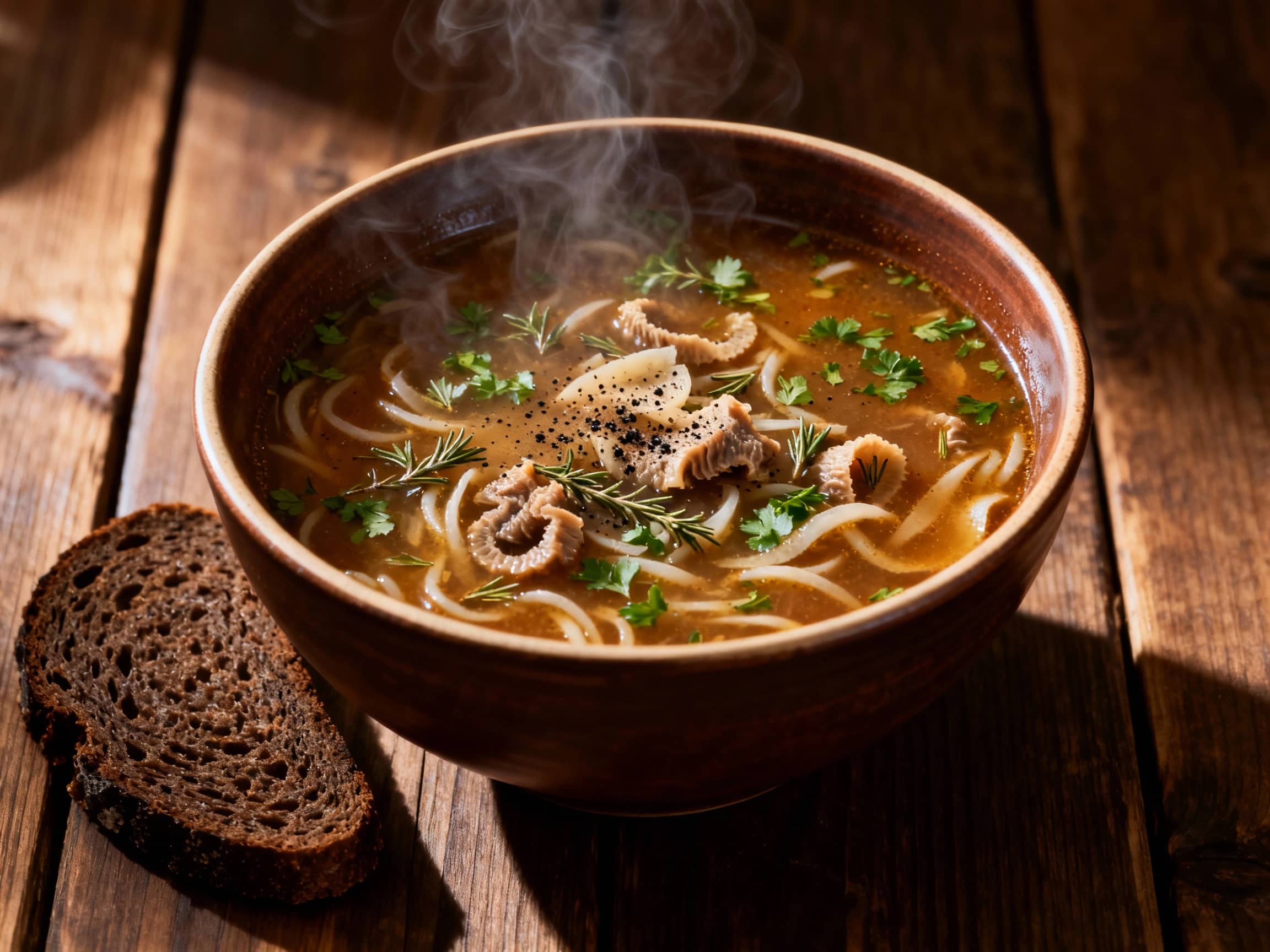 A rustic, deep ceramic bowl overflowing with a steaming portion of Flaki. The soup is a rich, brownish-golden color, speckled with finely chopped herbs like marjoram and parsley, and visible morsels of thinly sliced tripe. A sprinkle of black pepper adorns the surface. The bowl rests on a sturdy wooden table, perhaps with a slice of dark rye bread on the side. The lighting is warm and slightly dramatic, casting soft shadows and emphasizing the hearty, comforting appearance of the soup, viewed from a medium-high angle.