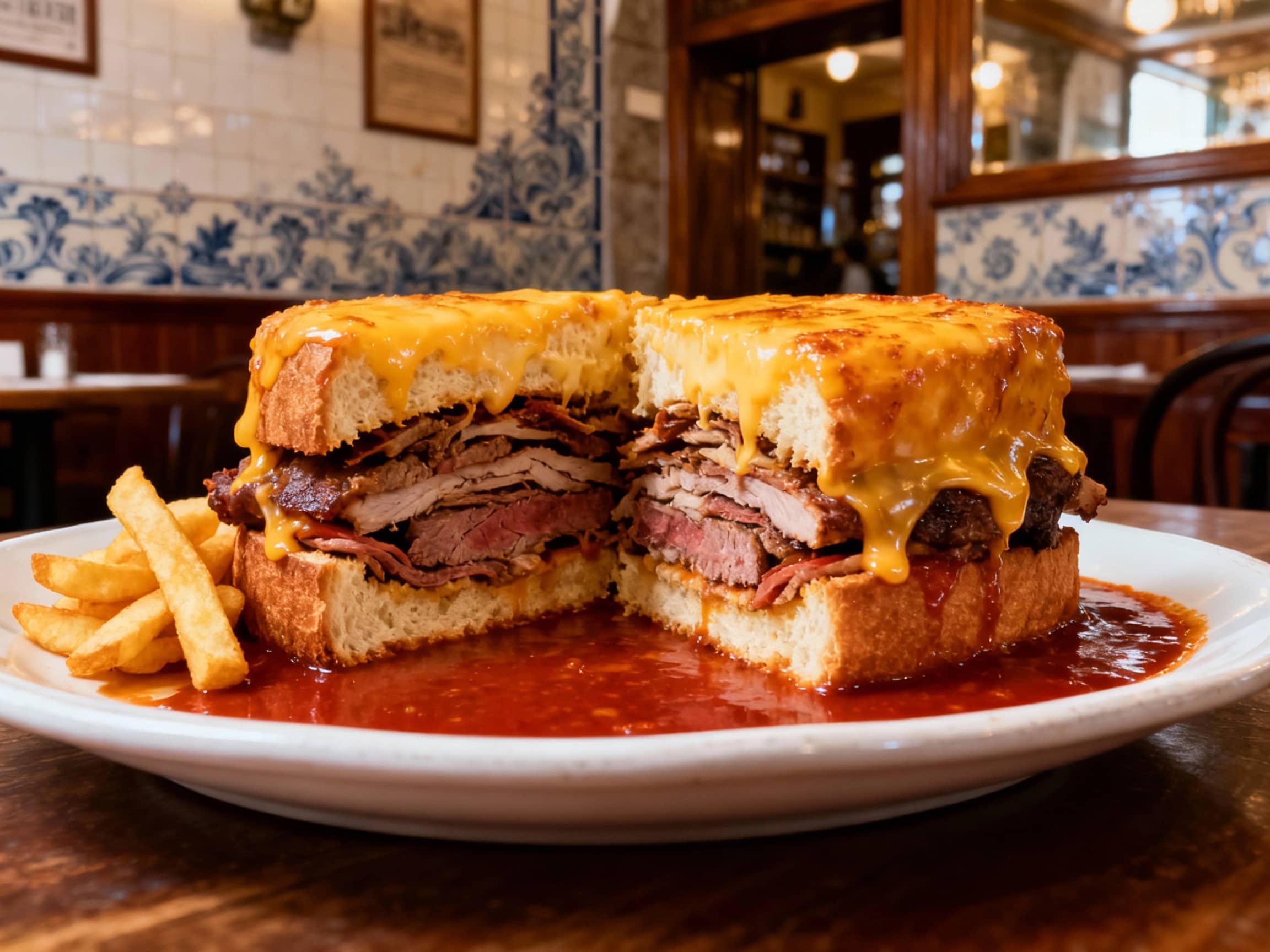 A cross-section of a generously filled Francesinha sandwich, with layers of various meats visible between toasted bread. The sandwich is completely covered in melted, golden-brown cheese and bathed in a rich, reddish-brown savory sauce. It sits on a white, slightly deep plate, accompanied by a small mound of crispy French fries. The background suggests a lively, traditional Portuguese tavern in Porto, with subtle hints of azulejo tiles and wooden accents. Atmospheric, slightly low-angle shot with warm lighting.