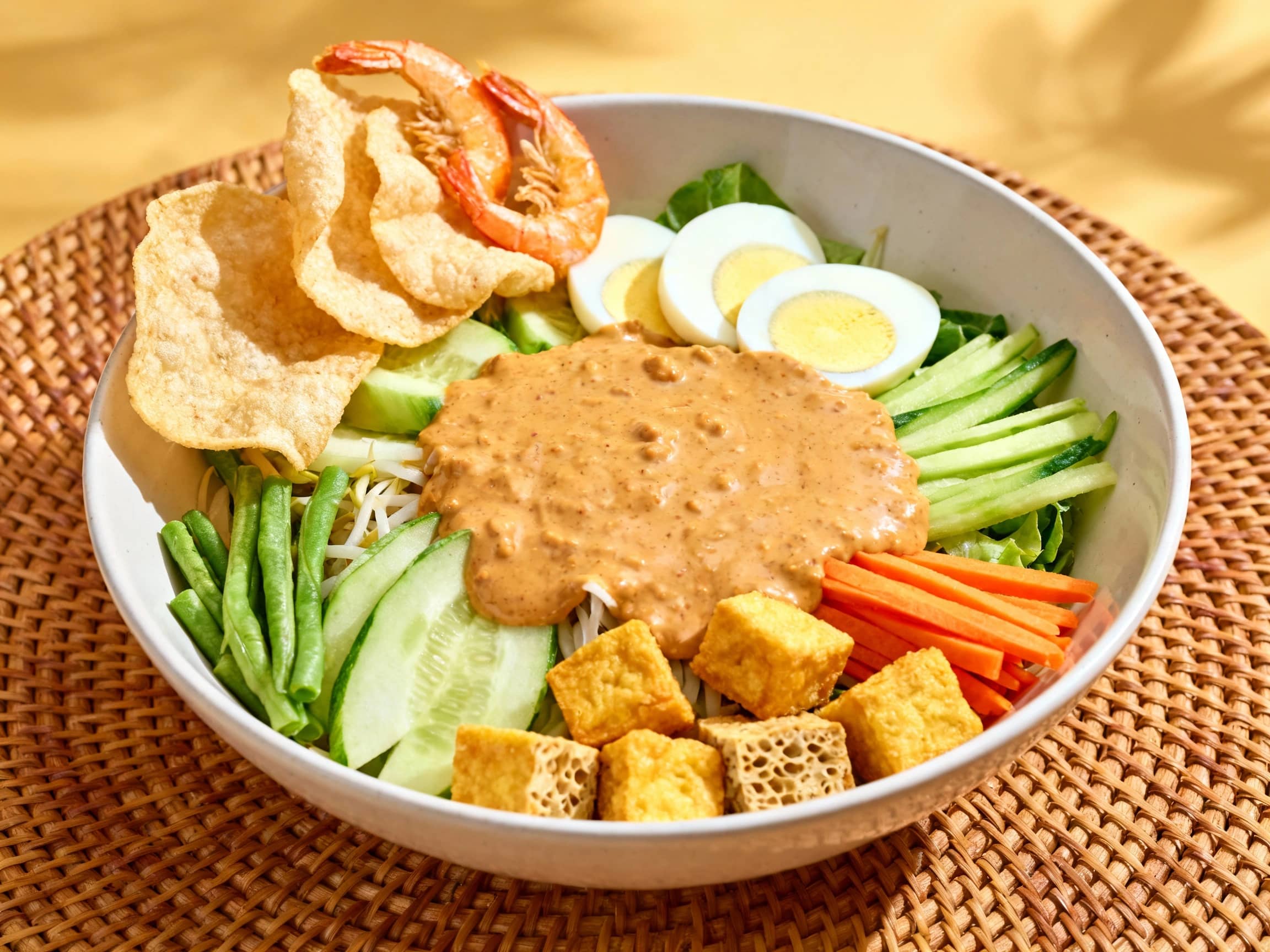 A vibrant and abundant bowl of Gado-Gado, an Indonesian vegetable salad, served on a traditional woven placemat. A colorful assortment of lightly blanched vegetables, hard-boiled egg slices, golden-fried tofu, and tempeh cubes are artfully arranged. Drizzled generously over the top is a thick, creamy, and slightly textured peanut sauce. A few crispy prawn crackers (emping) are placed on the side. The lighting is bright and natural, emphasizing the freshness of the ingredients and the appealing textures. Shot from a slightly elevated angle.