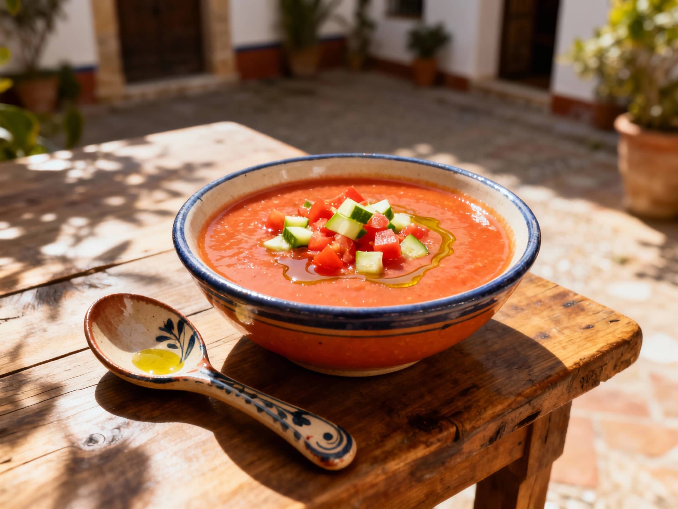 A vibrant bowl of gazpacho, garnished with finely diced tomatoes, cucumber, and a drizzle of olive oil, sits on a rustic wooden table in an outdoor Andalusian courtyard. Sunlight dapples the scene, highlighting the fresh, raw ingredients. The viewpoint is slightly above, capturing the inviting texture and color of the soup, with a traditional ceramic spoon resting beside the bowl. The atmosphere is one of cool refreshment on a warm day.