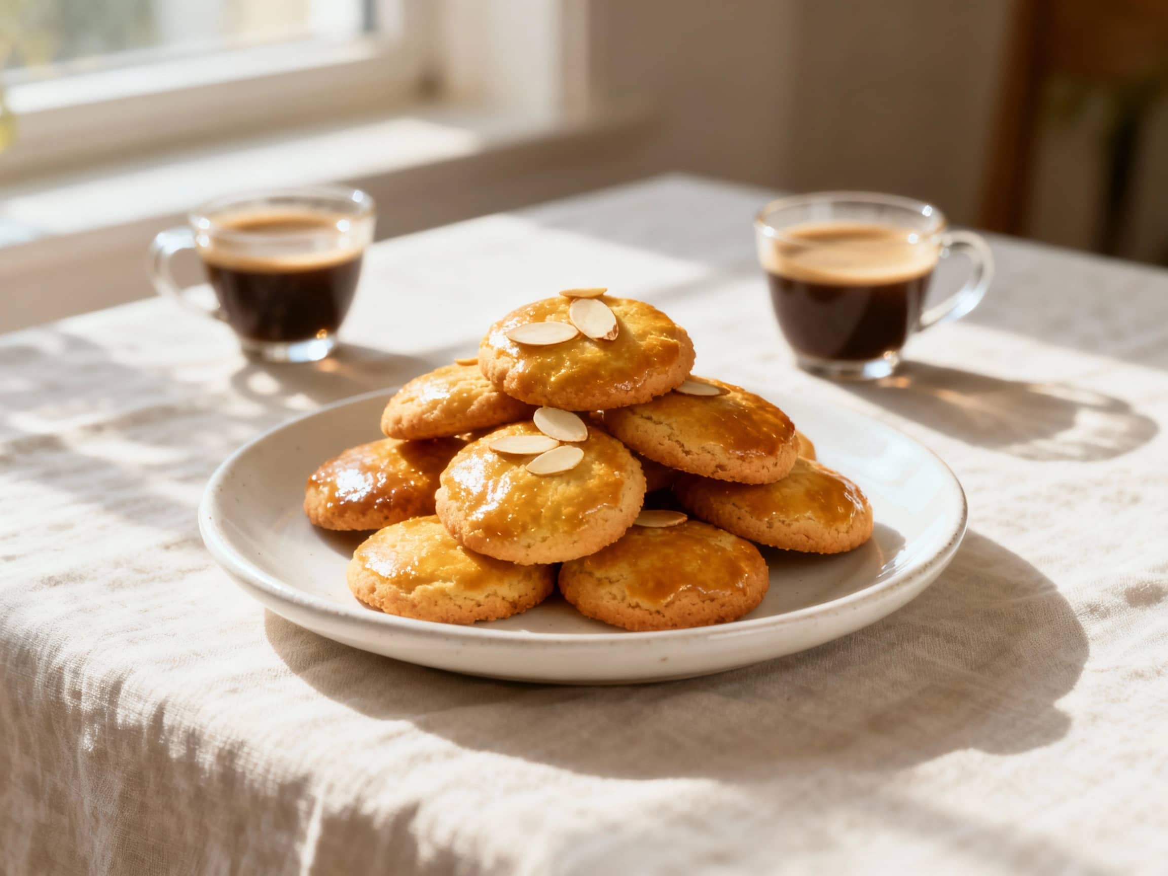 A small pile of golden-brown Gentse moppen (Ghent Moppen) arranged artfully on a simple, white ceramic plate. A few slivered almonds are visible on top of some biscuits. The scene is set on a light-colored, linen tablecloth, bathed in natural, bright window light. Two small cups of coffee sit in the background, suggesting a moment of quiet indulgence. Top-down view with a shallow depth of field.