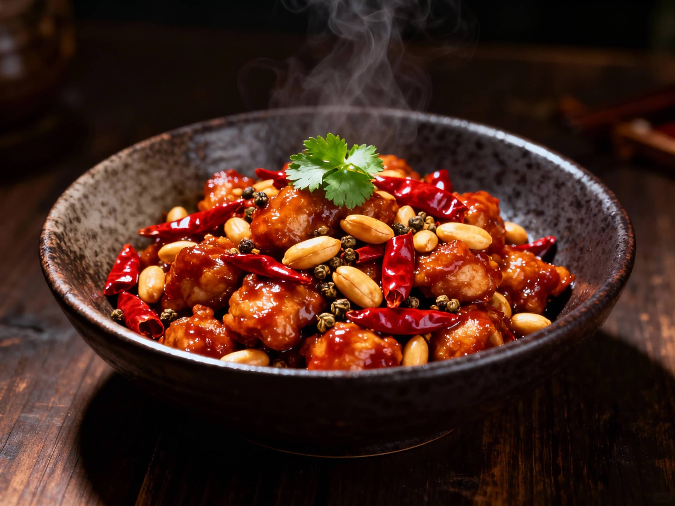 A dynamic, medium shot of Gong Bao Ji Ding in a dark, rustic ceramic bowl. The chicken pieces are coated in a glossy, reddish-brown sauce, interspersed with vibrant red dried chilies, golden-brown roasted peanuts, and specks of Sichuan peppercorns. A small sprig of fresh cilantro garnishes the top. The lighting is dramatic with a slight spotlight effect, highlighting the textures and steam rising from the dish. The background is a dark, slightly out-of-focus wooden table, suggesting an intimate dining setting.