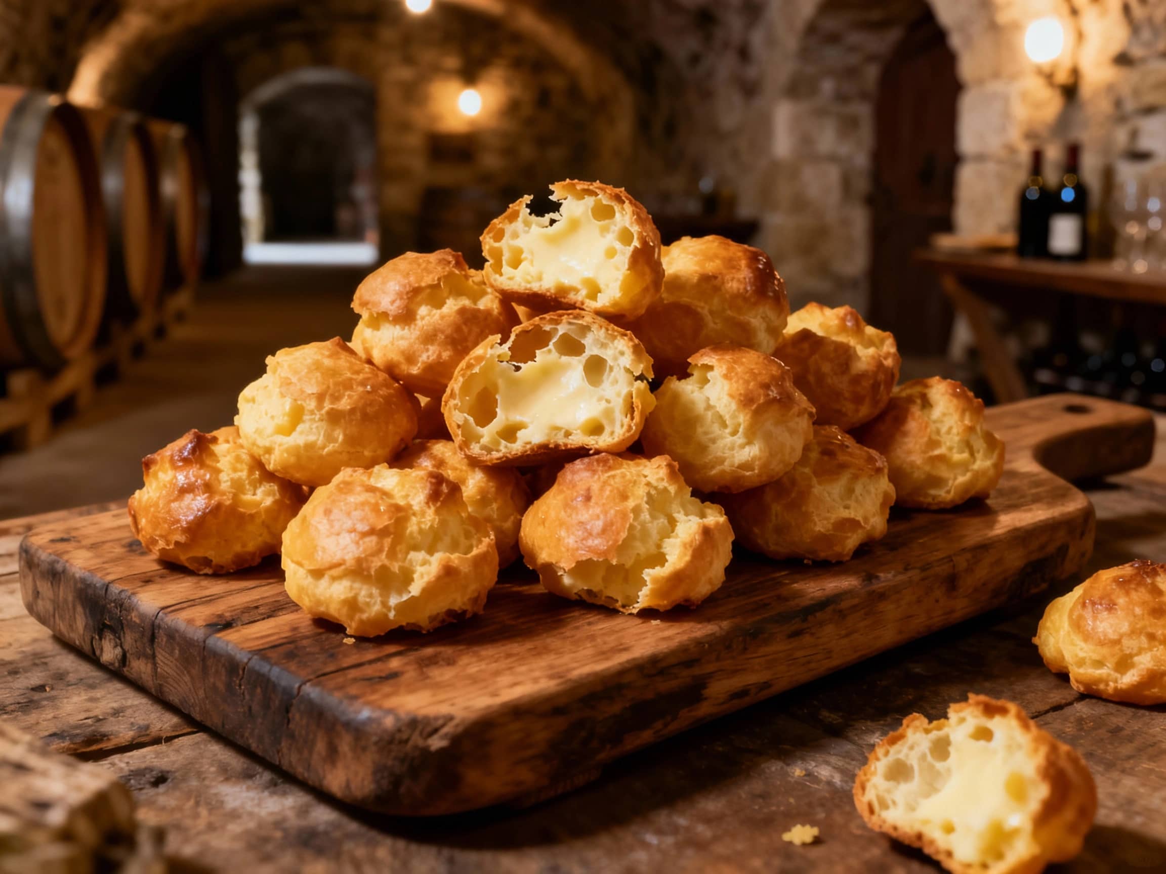 A rustic wooden board piled high with golden-brown Gougères, still warm and emitting a faint cheesy aroma. Several puffs are slightly cracked open, revealing their light, airy interior. They are presented in a cozy Burgundian wine cellar setting, with hints of barrels and stone walls in the background. Soft, warm lighting enhances the appetizing look of the cheese puffs. The shot is a close-up, overhead perspective, emphasizing the inviting texture and tempting nature of the gougères.
