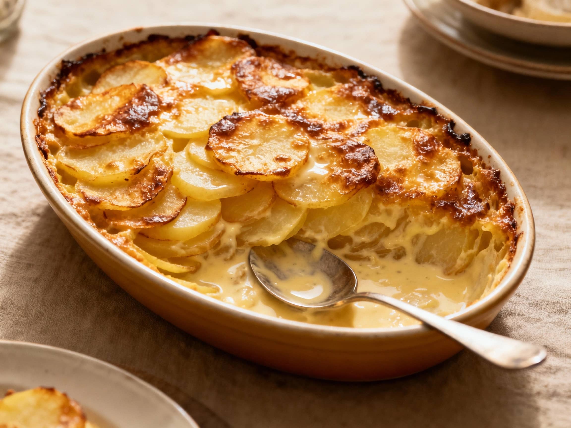 A golden-brown Gratin Dauphinois, fresh from the oven, served in a classic oval ceramic gratin dish. The top is beautifully caramelized and bubbly, revealing tender layers of thinly sliced potatoes submerged in a rich, creamy sauce. A serving spoon gently rests in the dish, indicating its readiness. The setting is a cozy, rustic French dining table, with warm, inviting light, captured from a slightly overhead, tempting angle.