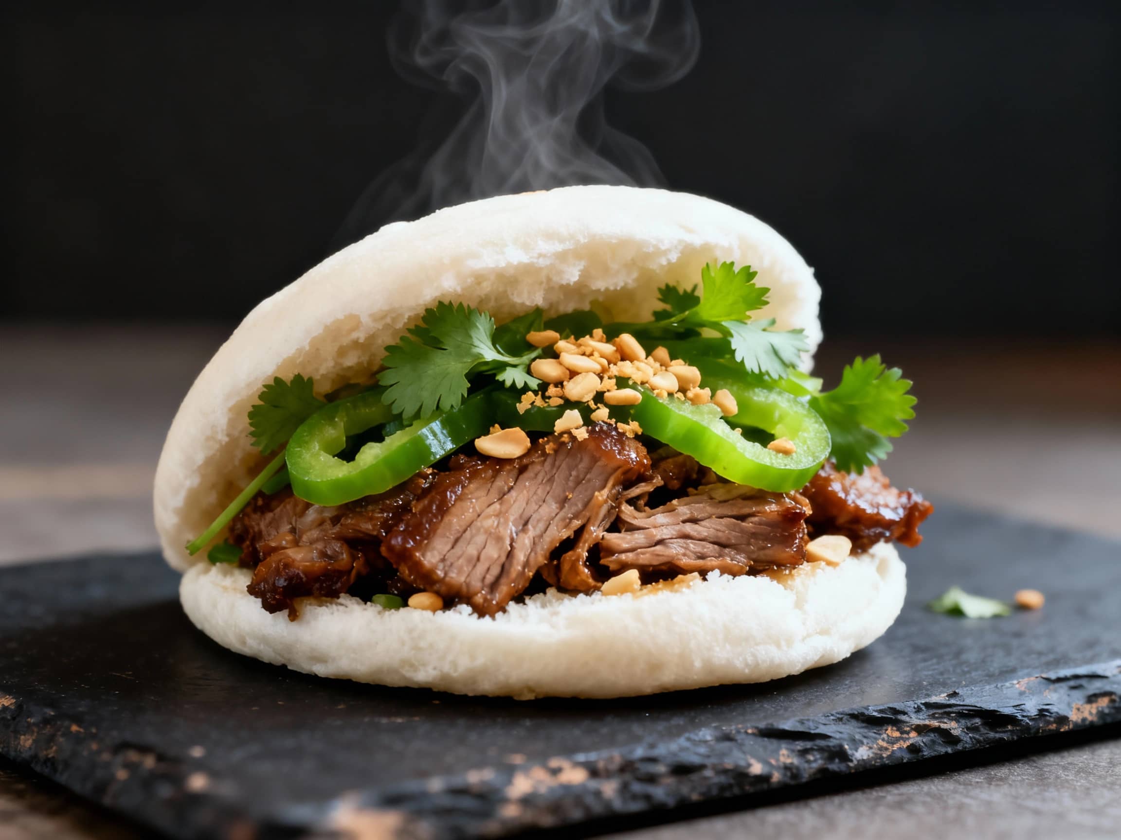 A Gua Bao sandwich, presented open-faced on a simple, slightly worn, dark slate. The fluffy, snowy-white steamed bun is generously stuffed with rich, tender braised pork belly, bright green pickled mustard greens, and fresh cilantro sprigs. A sprinkle of crushed roasted peanuts adds texture. The lighting is soft and natural, highlighting the contrasting textures and colors. The view is from a slightly elevated angle, showcasing the filling. A hint of steam suggests it's freshly made.