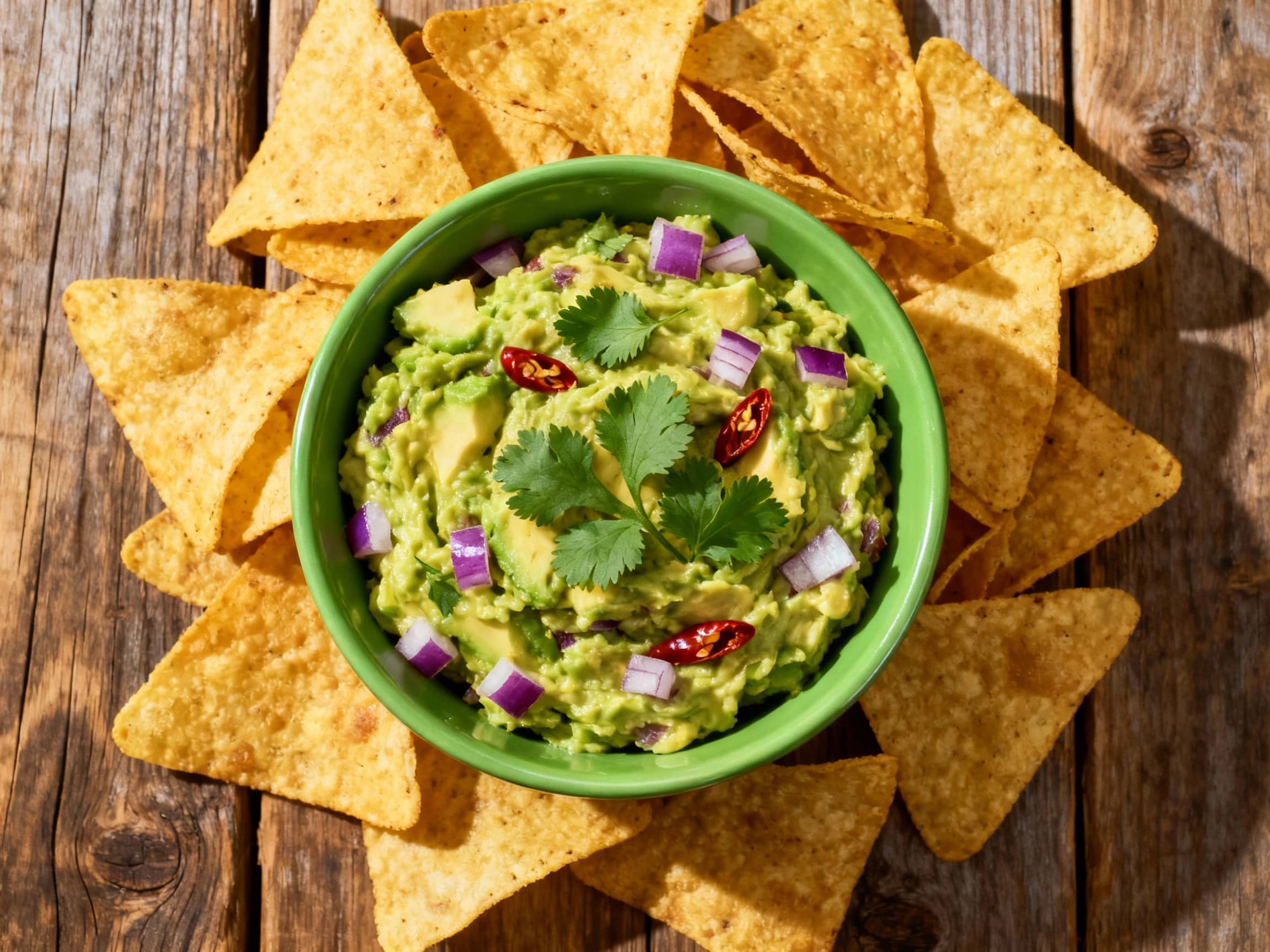 A vibrant green bowl of Guacamole, creamy and chunky, garnished with fresh cilantro leaves, diced red onion, and a few chili slices. The bowl sits on a rustic wooden table, surrounded by a pile of warm, golden tortilla chips. Soft, natural light illuminates the scene from the side, creating a warm and inviting atmosphere. Shot from a slightly overhead, close-up angle.
