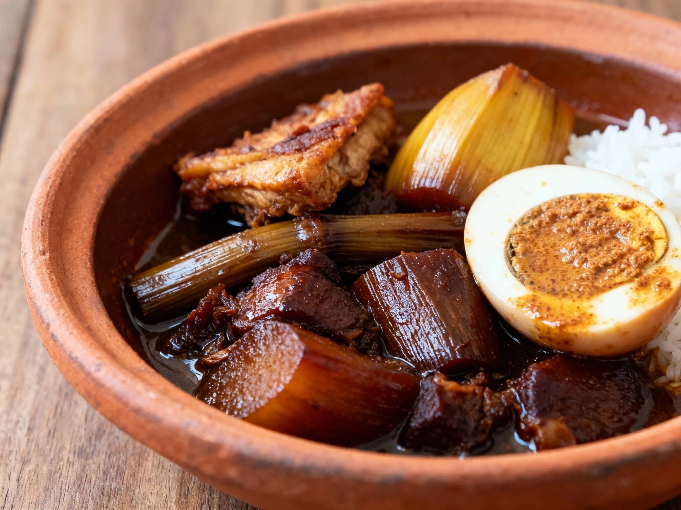 A close-up, slightly elevated view of Gudeg served in a traditional terracotta bowl. The dark, caramelized young jackfruit stew is the focus, glistening slightly. Alongside it, a piece of savory krecek and a hard-boiled egg cooked in spiced coconut milk are arranged. A small portion of white rice is visible. The lighting is soft and warm, emphasizing cozy, home-style ambiance. The background is a simple wooden table, enhancing the rustic, traditional presentation of this Javanese delicacy.