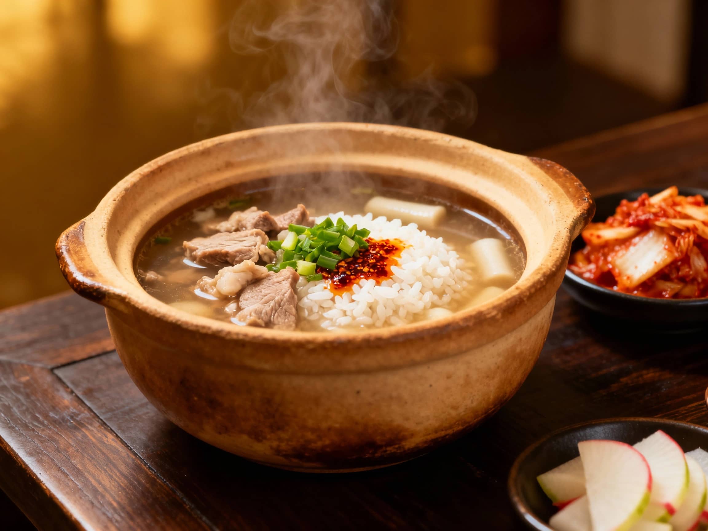 A rustic clay pot (tteokbaegi) filled with steaming Dwaeji Gukbap, pork soup with rice, garnished with a sprinkle of green onions and a drizzle of chili oil. It is placed on a dark wooden table with side dishes of kimchi and pickled radish, illuminated by soft, warm light from above, creating a homely and authentic atmosphere.