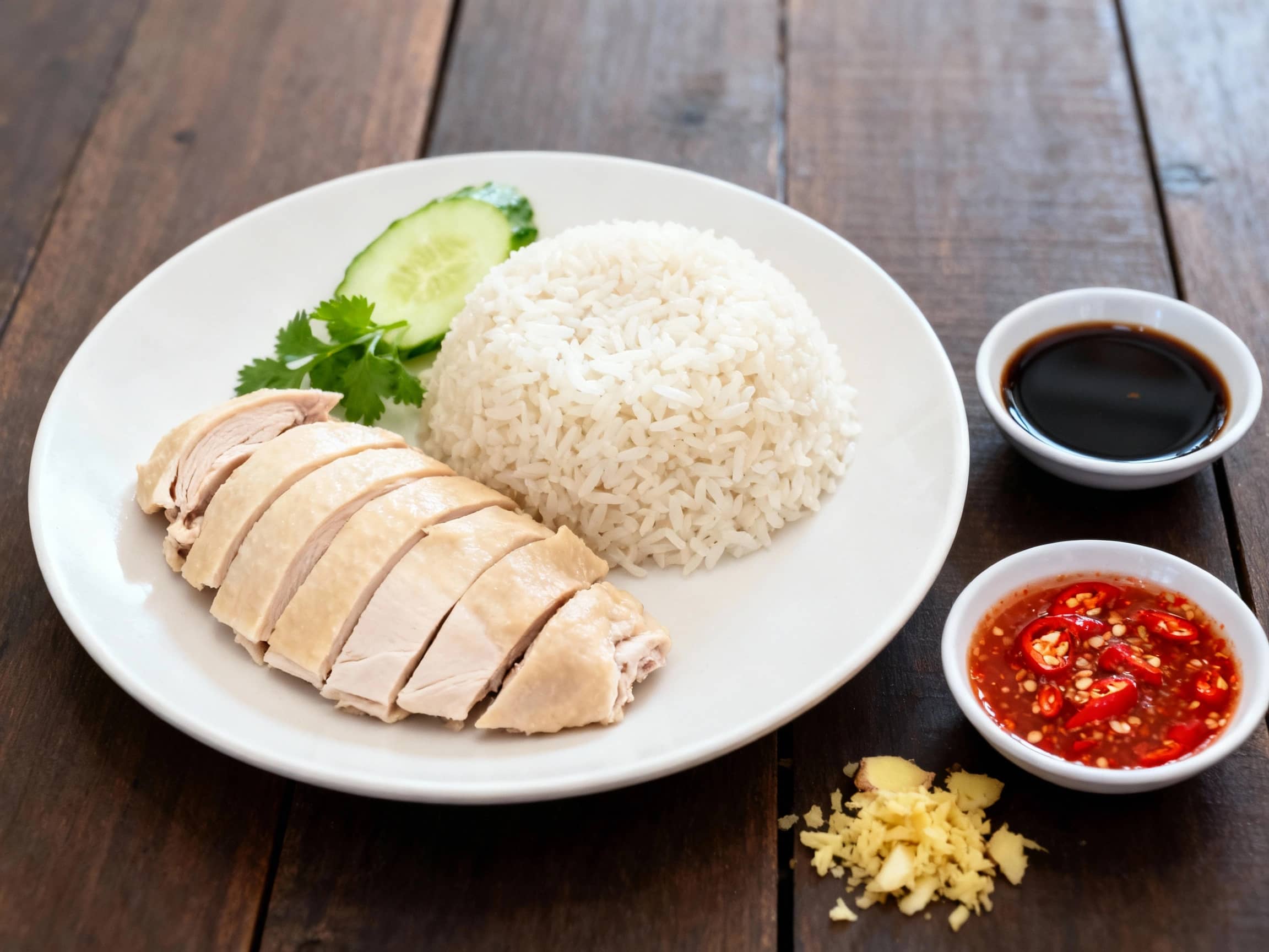 A meticulously presented plate of Hainanese Chicken Rice, viewed from a slightly high angle. Slices of succulent, pale poached chicken breast are artfully arranged beside a mound of fluffy, glistening jasmine rice. A small bowl of dark soy sauce, a fiery red chili sauce, and a dollop of grated ginger are placed to the side. A sprig of fresh cucumber and a garnish of cilantro add a touch of green. The setting is a clean, minimalist plate on a simple, dark wooden surface, evoking a hawker stall ambiance with soft, natural light and a shallow depth of field.