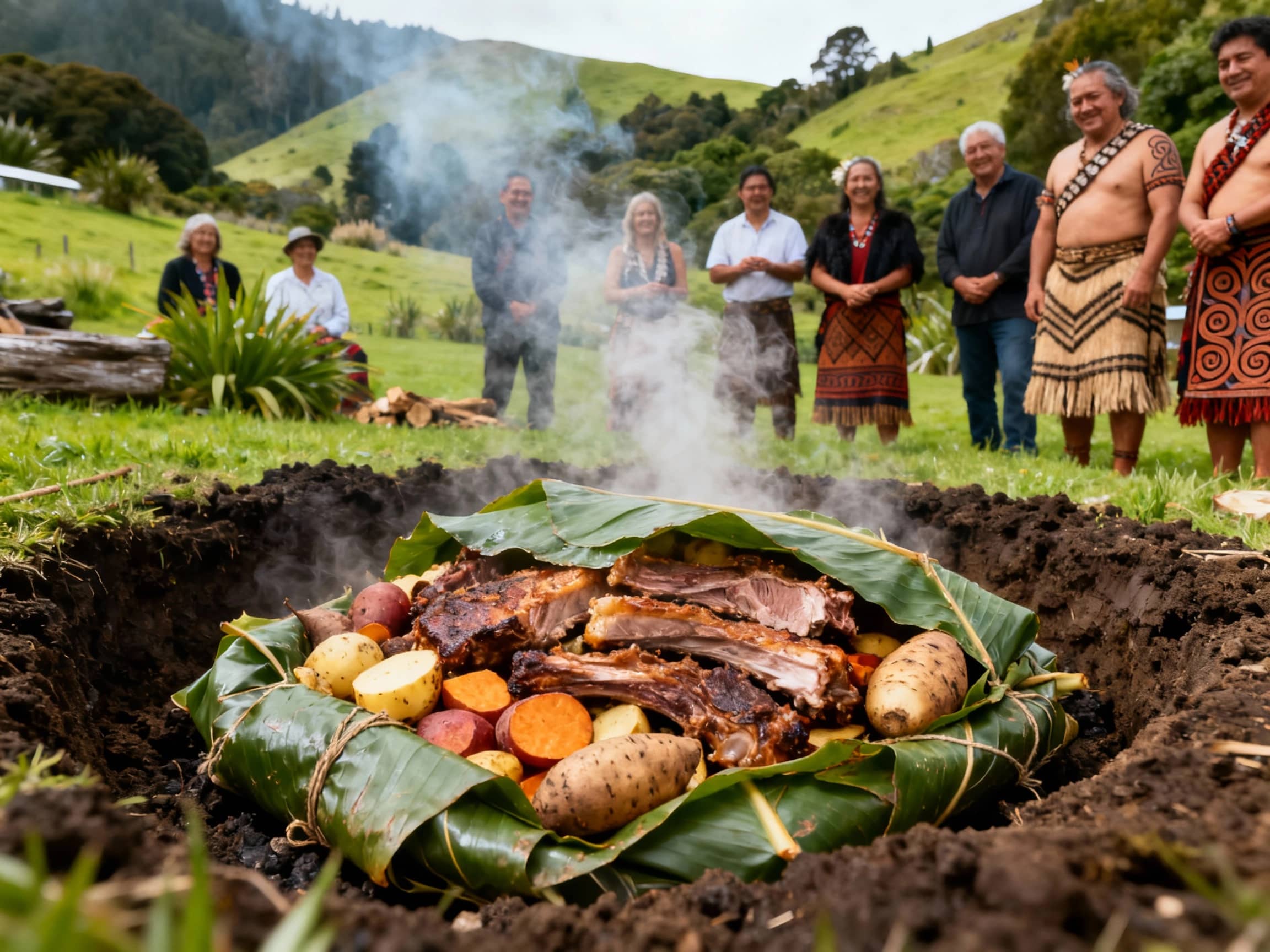 A traditional Māori Hāngī being unearthed after hours of cooking underground. Steam gently rises from the layers of cooked meats and root vegetables, which are still wrapped in leaves. The scene is set outdoors in a lush, green New Zealand landscape, with a hint of smoke in the air. A group of people, some in traditional Māori attire, are gathered around, looking on with anticipation. The view is a medium shot, with natural, soft daylight illuminating the rustic presentation. The atmosphere is one of communal celebration and culinary tradition.