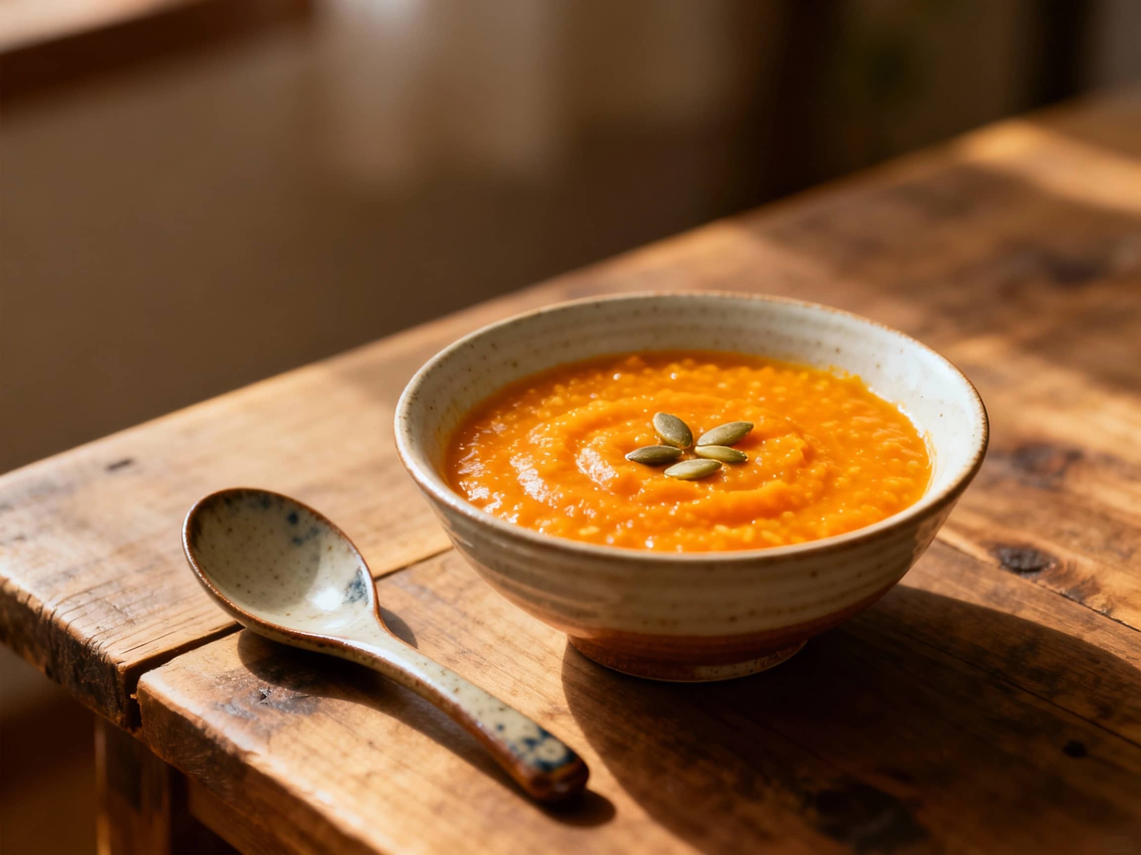 A warm bowl of vibrant orange Hobakjuk (pumpkin porridge) garnished with a few pumpkin seeds, presented on a rustic wooden table with a traditional Korean ceramic spoon. Soft, natural light illuminates the dish from the side, emphasizing its smooth, creamy texture and inviting warmth, evoking a cozy, comforting atmosphere.