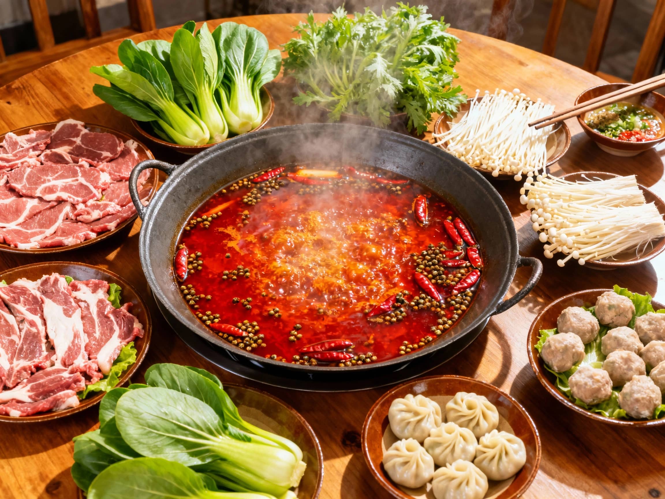 A vibrant, top-down view of a bubbling Sichuan hot pot. The rich, fiery red broth is filled with visible chili peppers and Sichuan peppercorns. Around the pot, a colorful assortment of fresh ingredients is artfully arranged on a large, round wooden table: thinly sliced lamb, vibrant green bok choy, delicate enoki mushrooms, and plump dumplings. Steam gently rises from the pot, creating a warm and inviting atmosphere. The lighting is bright and natural, highlighting the fresh textures and colors. The scene encapsulates a lively, communal dining experience, focusing on the shared joy of cooking and eating together.