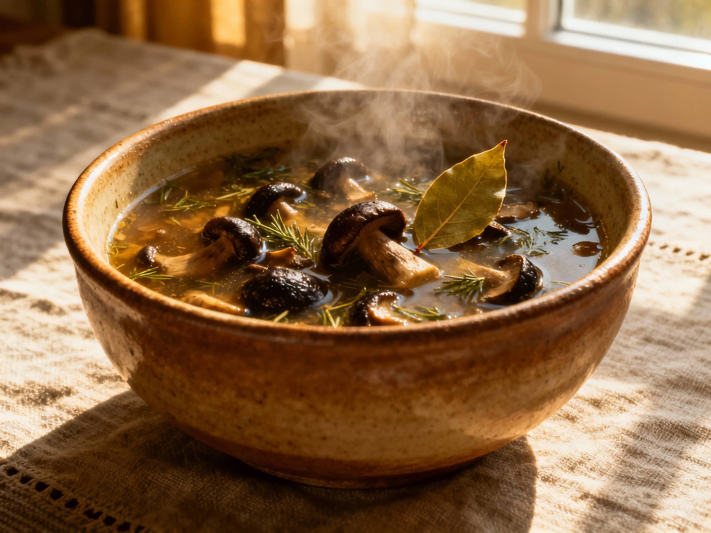A steaming bowl of Hrybna Yukha, rich in dark wild mushrooms and herbs, a single bay leaf floating on top, served in a rustic ceramic bowl on a linen tablecloth, ambient light filtering through a window, close-up, rustic, cozy atmosphere.