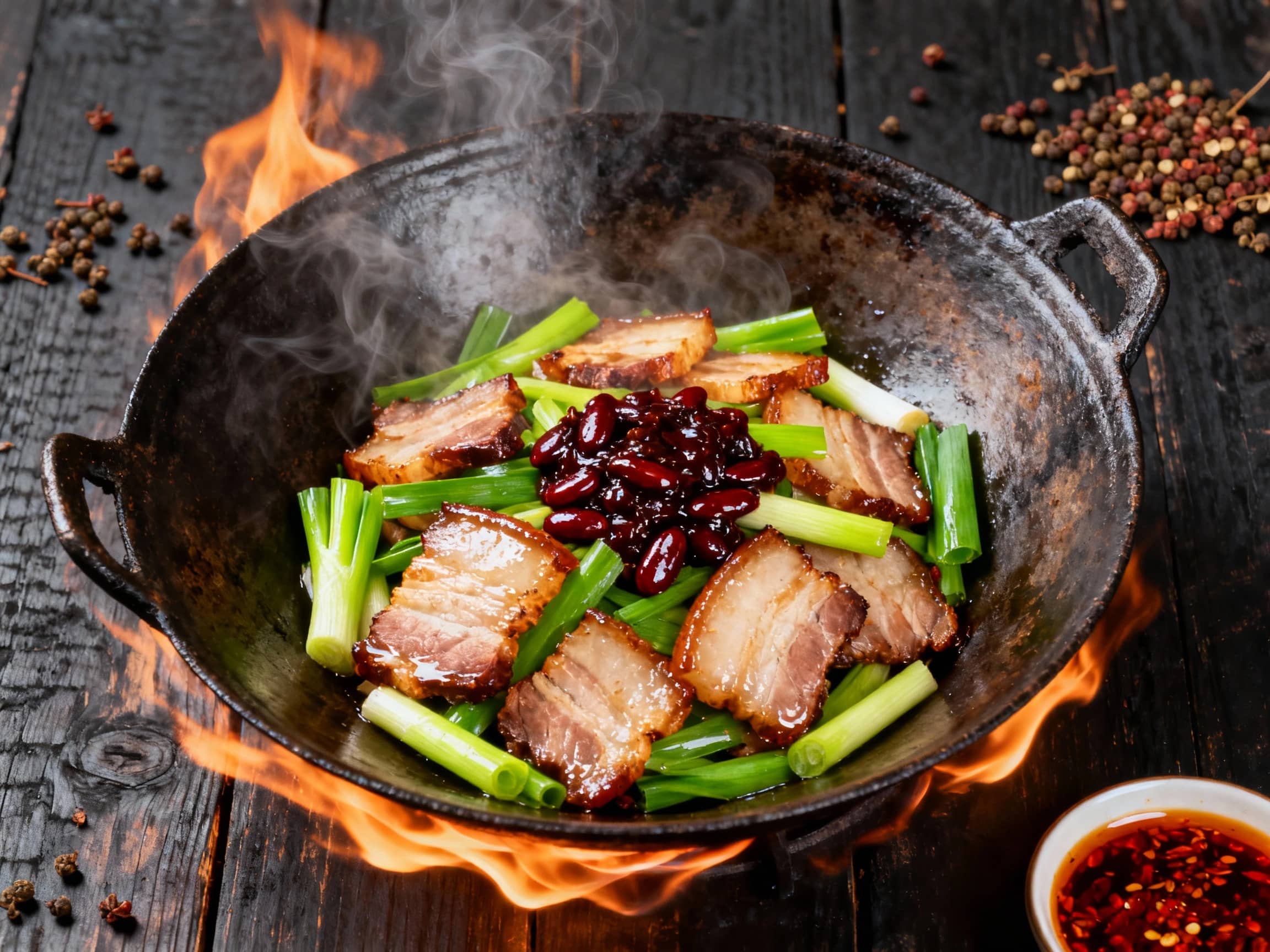 A vibrant, top-down view of Hui Guo Rou being stir-fried in a well-seasoned cast-iron wok over a high flame. The sliced pork belly is glistening and slightly crisped, mixed with bright green leeks and glossy, dark red chili bean paste. Wisps of steam rise from the wok, suggesting intense heat and aromatic flavors. The background is a dark, textured wooden surface, with a few scattered Sichuan peppercorns and a small dish of chili oil nearby. The lighting is dramatic, emphasizing the textures and colors of the dish.