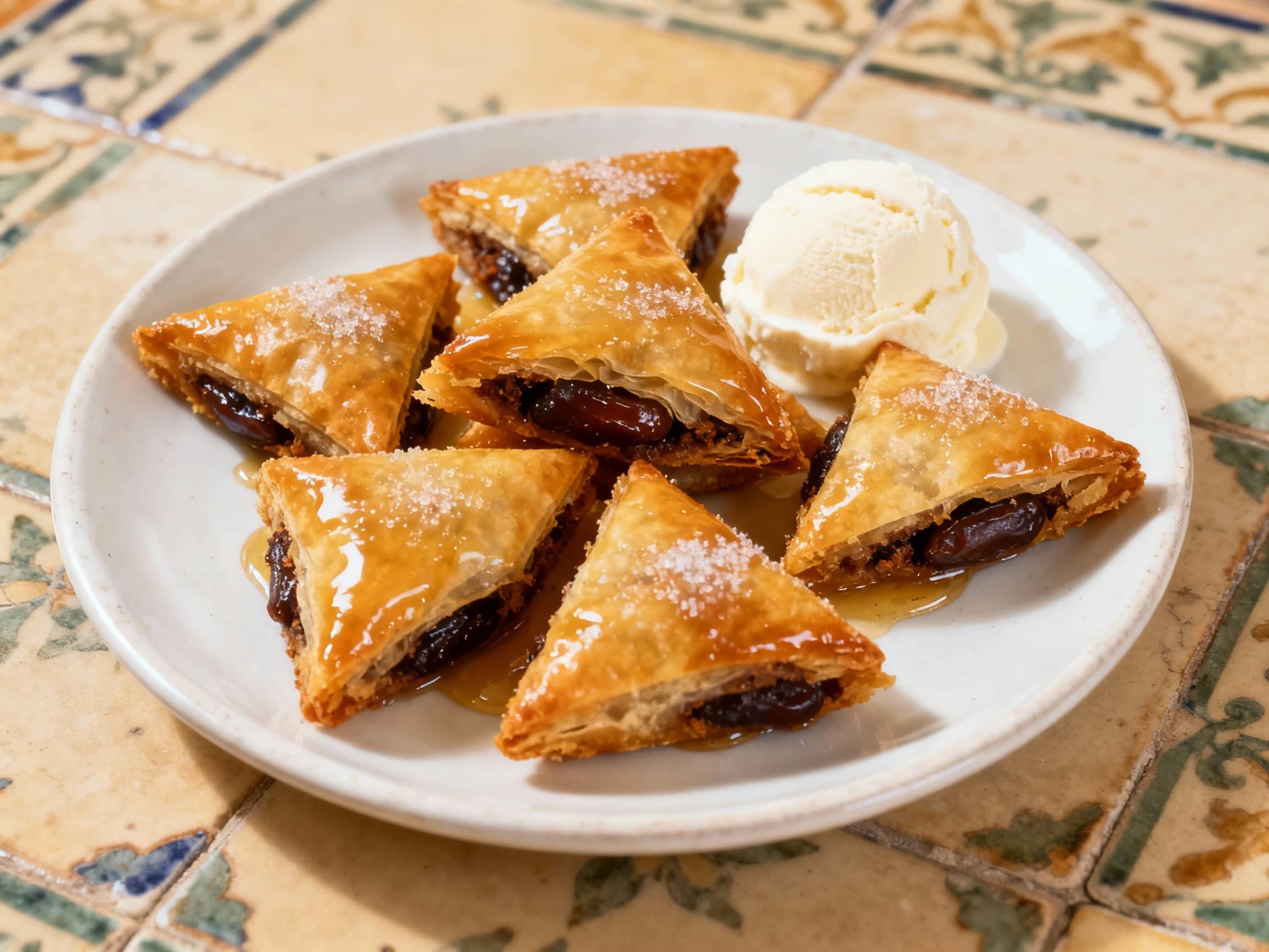 A plate of golden-brown, diamond-shaped Imqaret pastries, each glistening with a light sugar glaze or honey, revealing a glimpse of the dark, spiced date filling, served on a white ceramic plate with a small scoop of vanilla ice cream, on a traditional Maltese tiled table, warm, soft light, close-up, slightly elevated shot