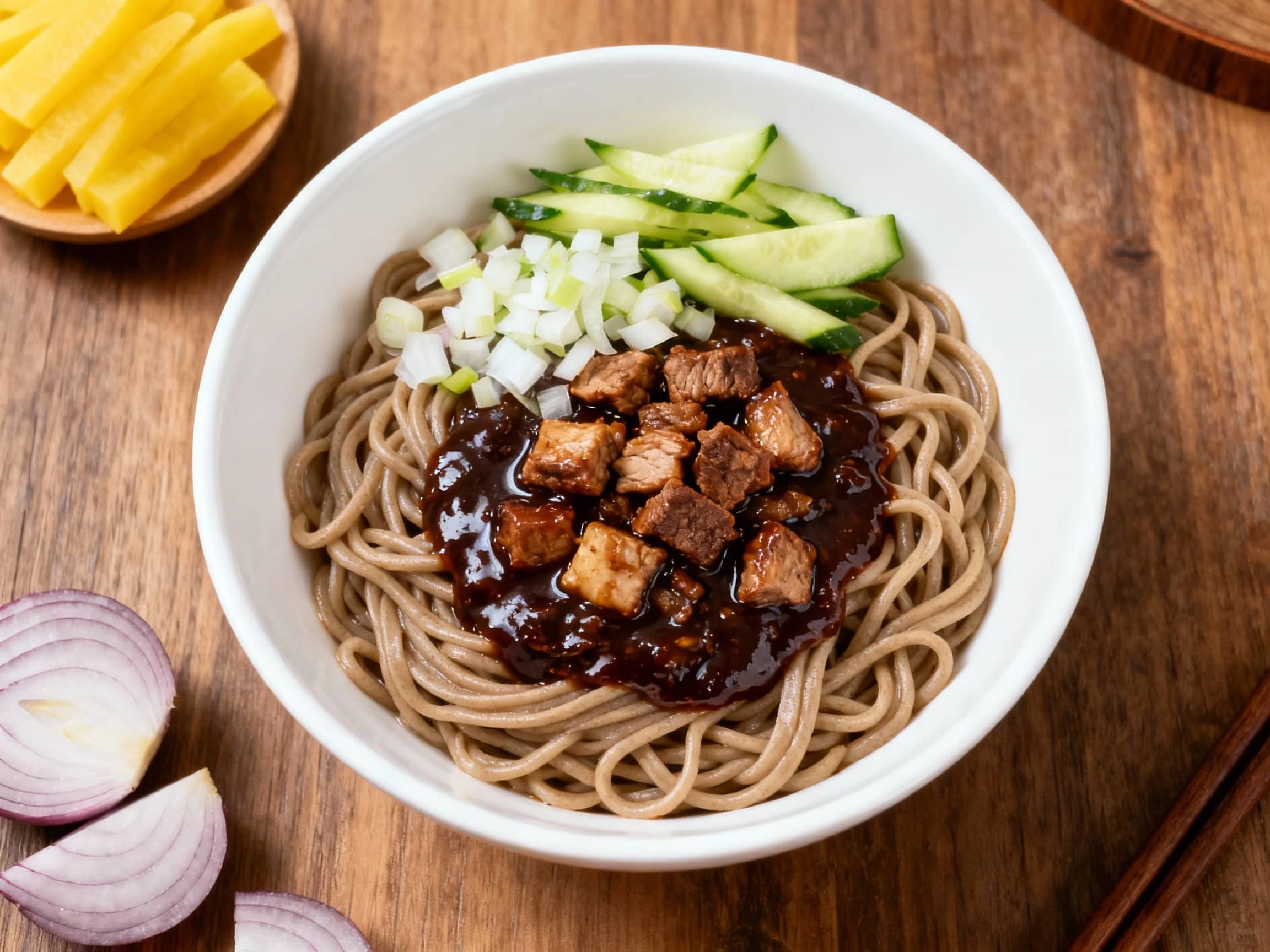 A close-up, overhead shot of Jajangmyeon (black bean noodles) in a white ceramic bowl, featuring thick wheat noodles generously coated with a dark, glossy chunjang sauce, diced pork, and finely chopped onions. A few slices of fresh cucumber are arranged on top as a garnish. The dish is presented on a simple wooden table with a side of yellow pickled radish (danmuji) and raw onion slices, bathed in soft, diffused light, highlighting the rich texture of the sauce.