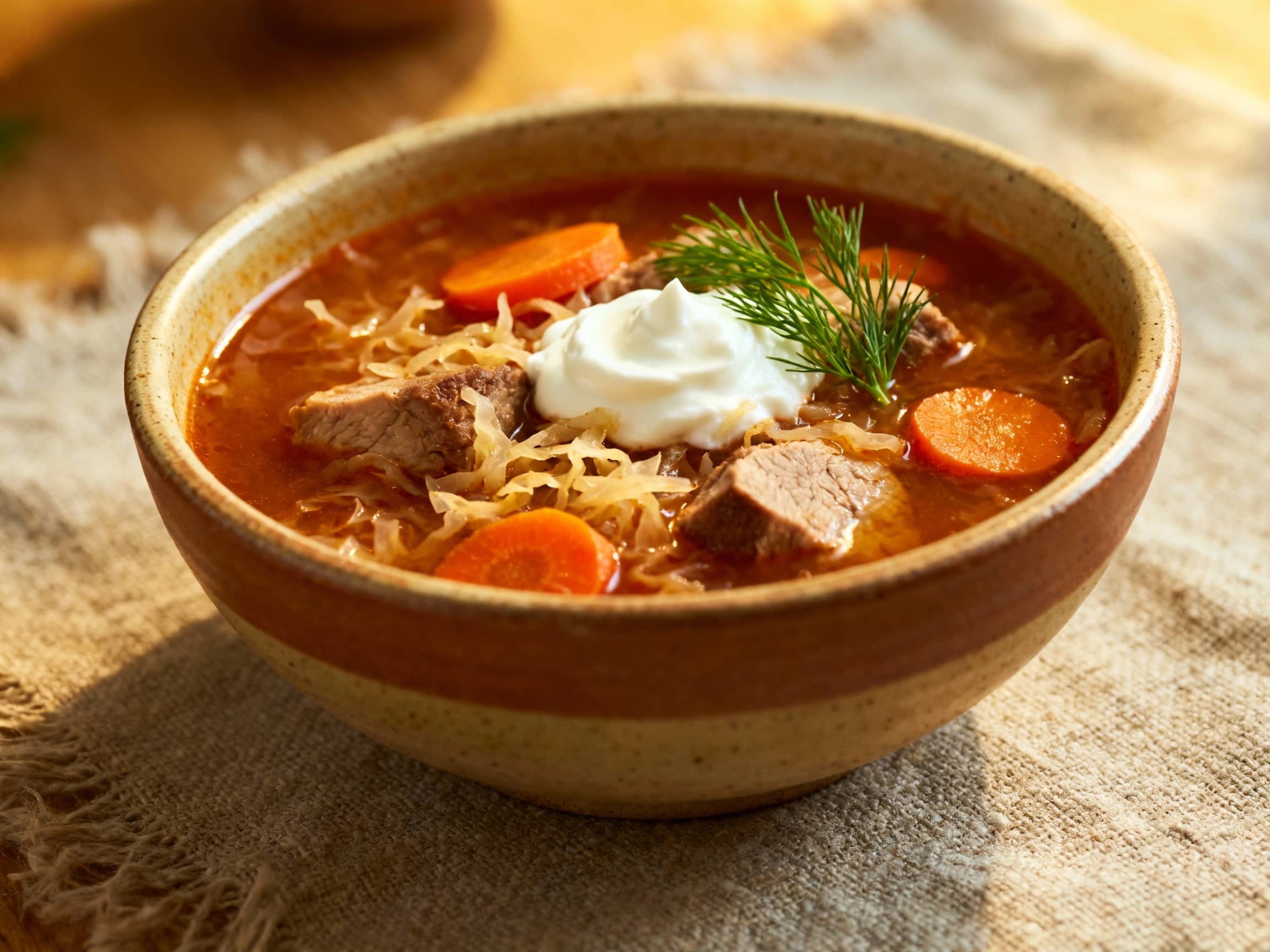 A rustic bowl of Kapustniak, rich reddish-brown broth with visible pieces of shredded sauerkraut, tender chunks of pork, and sliced carrots, garnished with a dollop of sour cream and a sprig of fresh dill, resting on a coarse linen tablecloth, with warm, inviting natural light, from a slightly elevated eye-level angle.