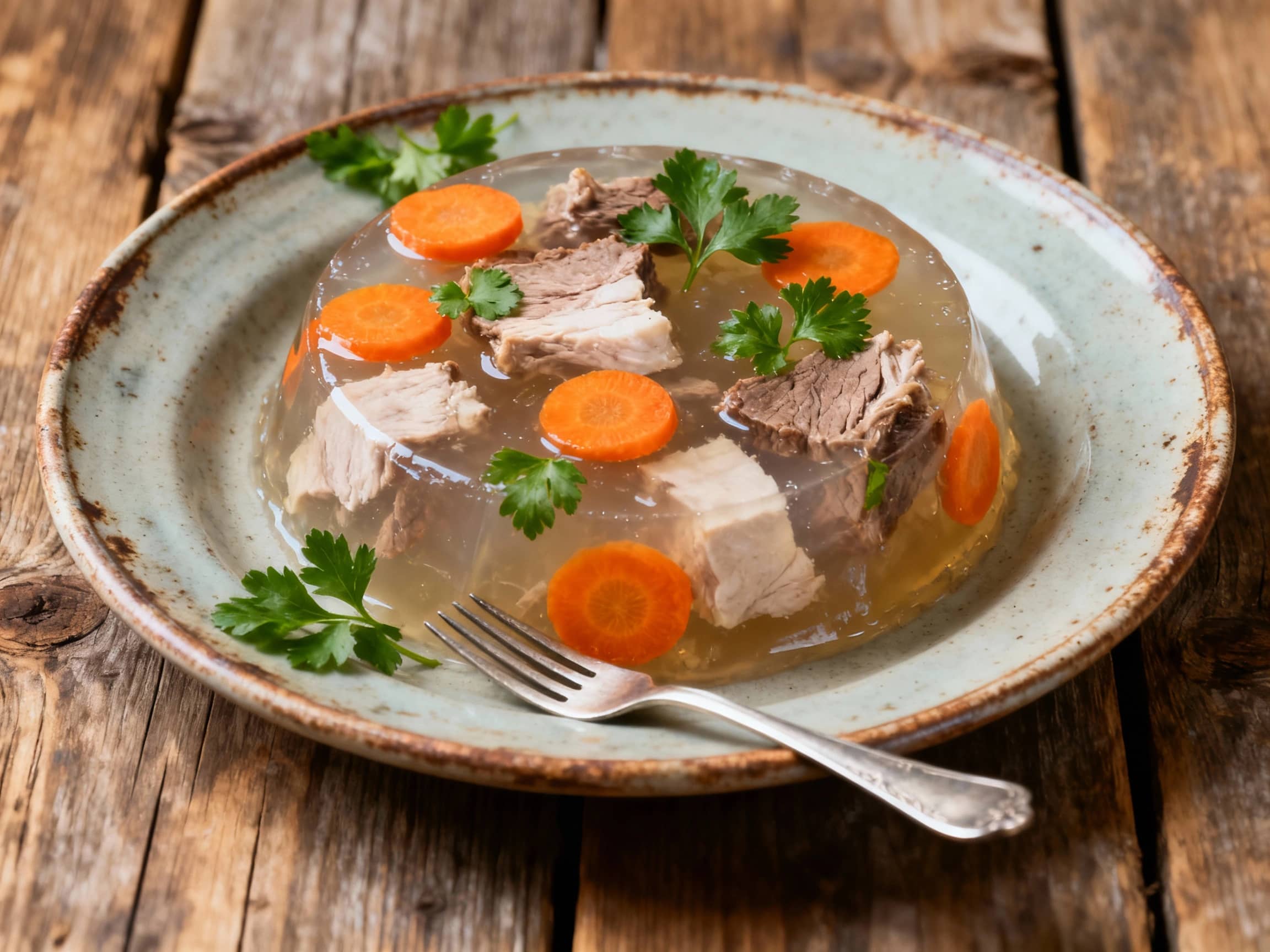 A pristine Kholodets, firm and translucent, with visible chunks of boiled pork and beef, studded with carrot slices and fresh parsley sprigs, served on a vintage ceramic plate with a silver fork, against a rustic wooden table with a soft, warm light from the side, looking down at a 45-degree angle.