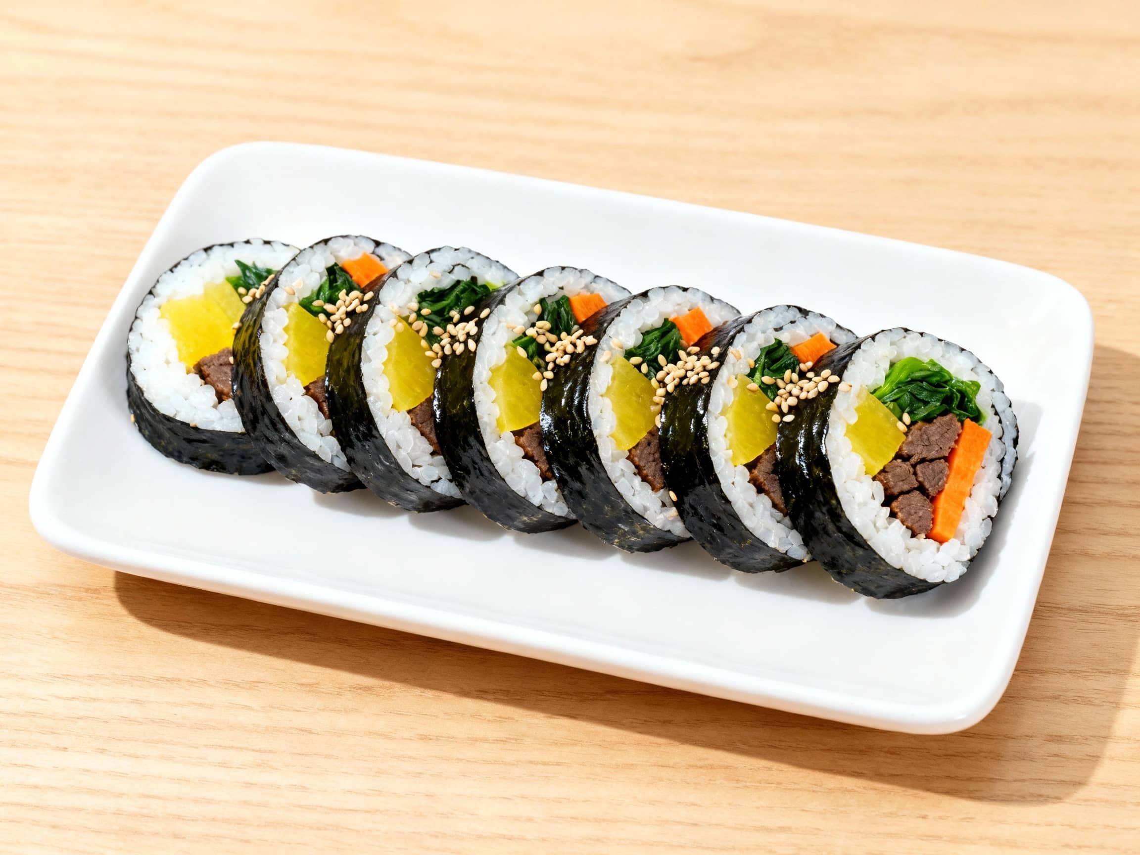 A meticulously arranged plate of freshly sliced Kimbap, revealing colorful layers of white rice, yellow pickled radish, green spinach, orange carrots, and dark beef or imitation crab meat, neatly rolled in shiny black seaweed. The slices are presented on a white rectangular ceramic plate, garnished with a sprinkle of sesame seeds. The background is a clean, minimalist wooden table, with bright, even lighting, showcasing the dish's vibrant colors and textures from a slightly overhead, inviting perspective.