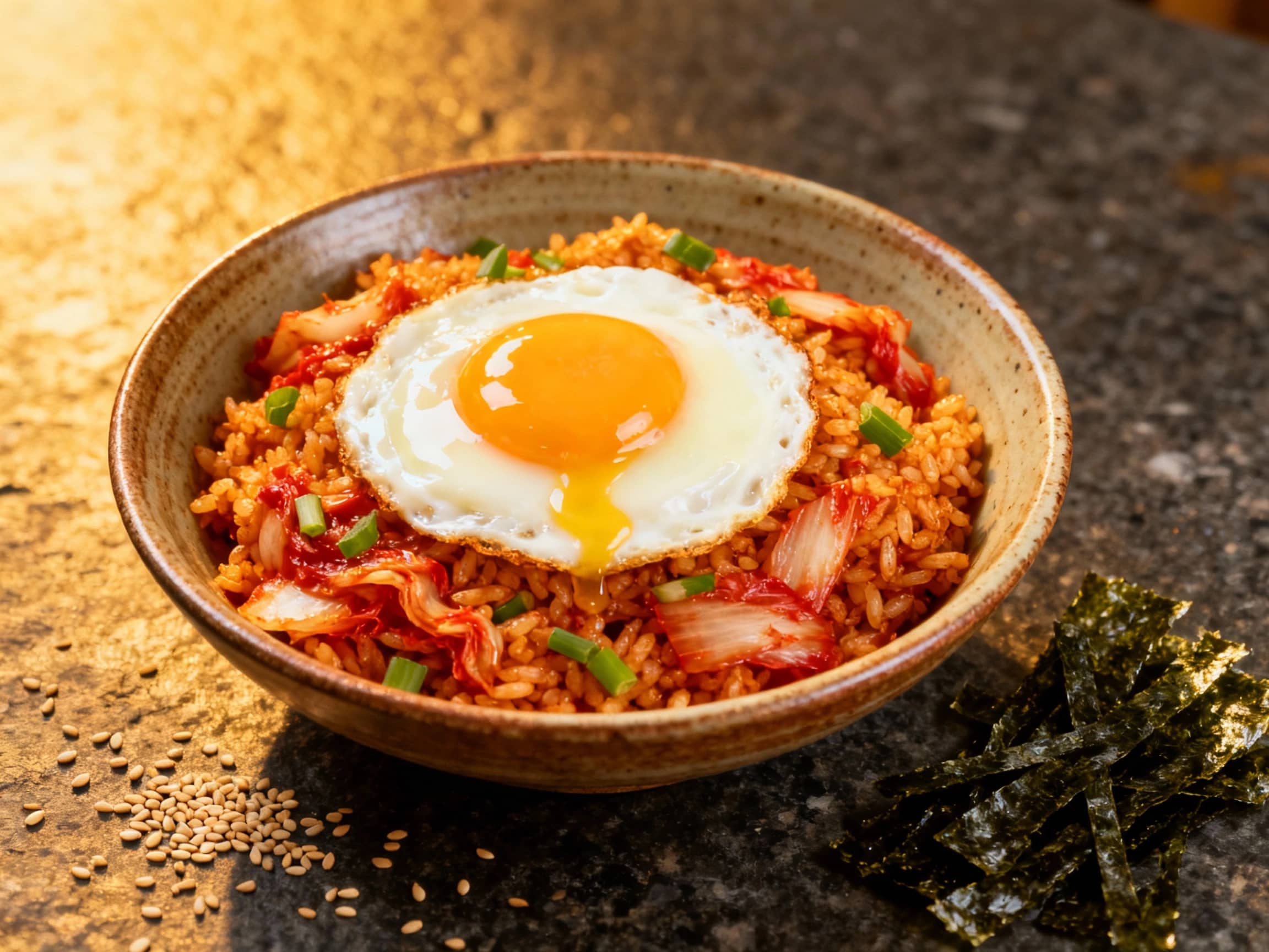 A vibrant bowl of Kimchi Bokkeumbap, golden-red fried rice with visible pieces of kimchi and green onions, topped with a perfectly fried sunny-side up egg whose yolk is slightly runny. The dish is presented in a rustic ceramic bowl on a dark stone countertop, with a scattering of toasted sesame seeds and fresh seaweed strips (gimjaban) on the side. The lighting is warm and invites the viewer to eat.