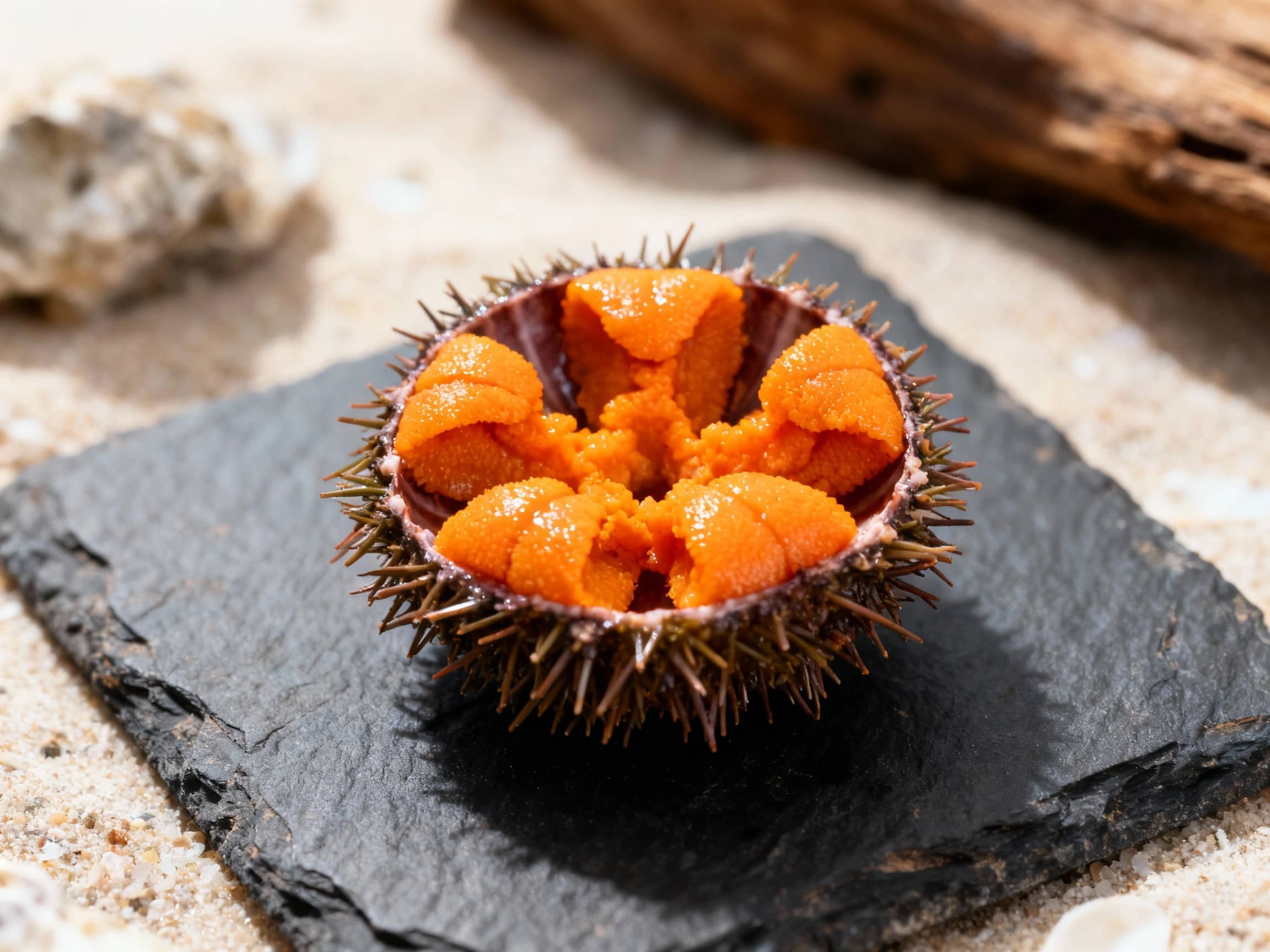 A close-up, slightly overhead shot of fresh, vibrant orange kina roe presented in its spiky shell on a rustic dark slate plate. Soft, natural light illuminates the glistening texture of the roe. The background is subtly blurred, hinting at a coastal environment with hints of natural wood or stone. The atmosphere is one of delicate freshness and oceanic origin.
