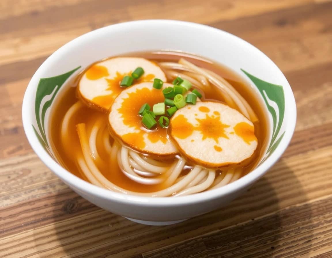 A slightly elevated, close-up view of a bowl of Kitsune Udon. Plump, white udon noodles are submerged in a clear amber broth, topped with a few large, glistening golden-brown aburaage slices. A sprinkle of chopped green onions adds a vibrant contrast. The bowl sits on a rustic wooden table, with soft, diffused lighting creating a cozy, inviting atmosphere, as if served in a traditional Japanese noodle shop.