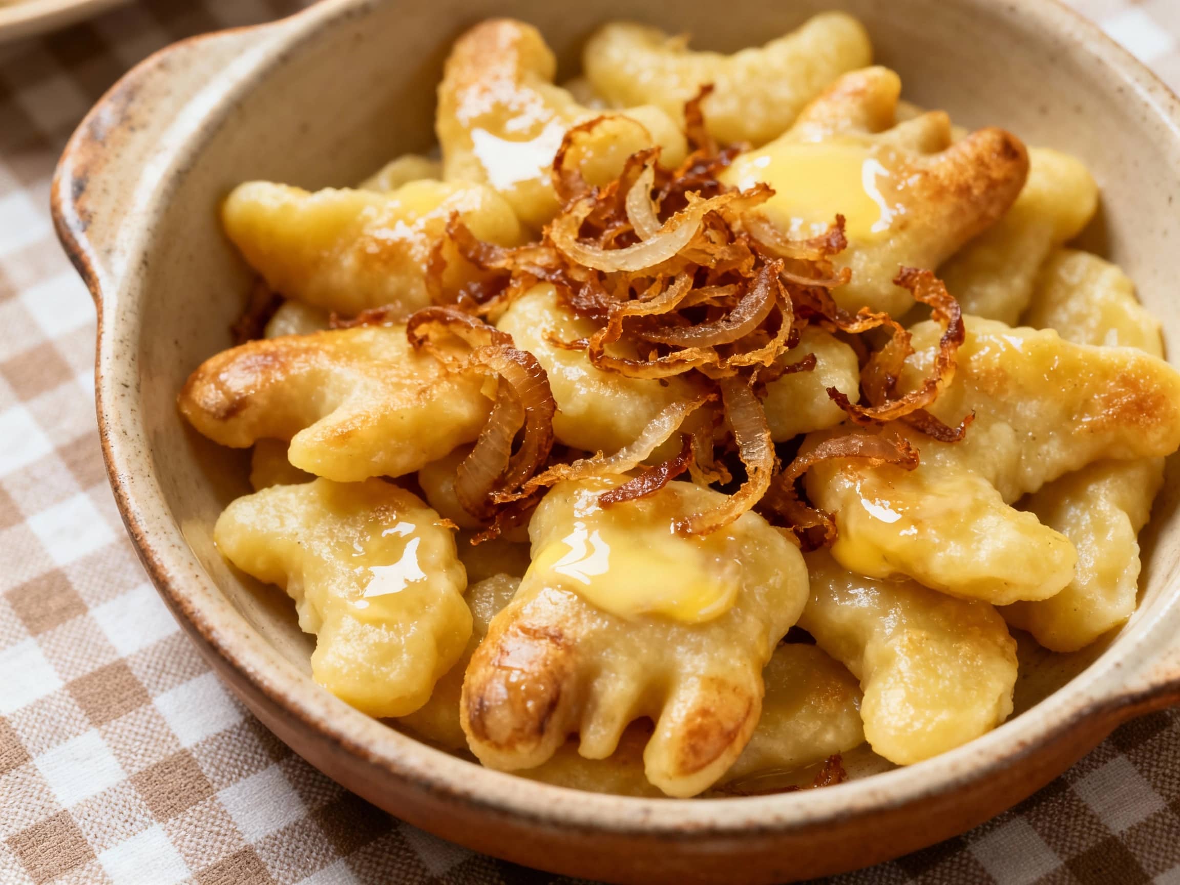 A generous serving of golden-brown Kopytka, glistening with melted butter and topped with crispy fried onions. The dumplings have their characteristic 'hoof' shape and slightly irregular texture. They are presented in a rustic, shallow ceramic dish, perhaps on a checkered tablecloth. The view is a close-up, slightly overhead angle, focusing on the appealing texture and rich toppings. The lighting is warm and inviting, suggesting a cozy meal, with a shallow depth of field to emphasize the dumplings.