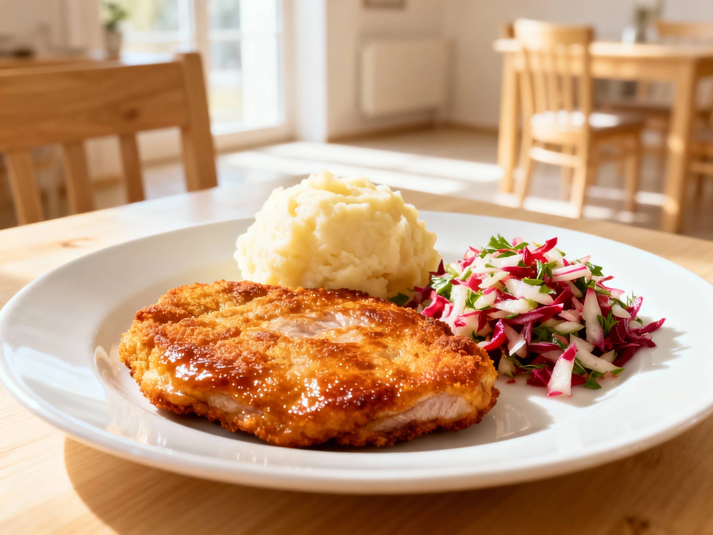 A perfectly golden-brown Kotlet Schabowy, glistening slightly from frying, presented on a simple white plate. Beside it sits a mound of creamy mashed potatoes and a vibrant portion of mizeria salad. The setting is a bright, clean Polish dining room with light wood furniture. Natural daylight illuminates the meal from the side, creating appealing highlights and shadows. Close-up, slightly angled view.