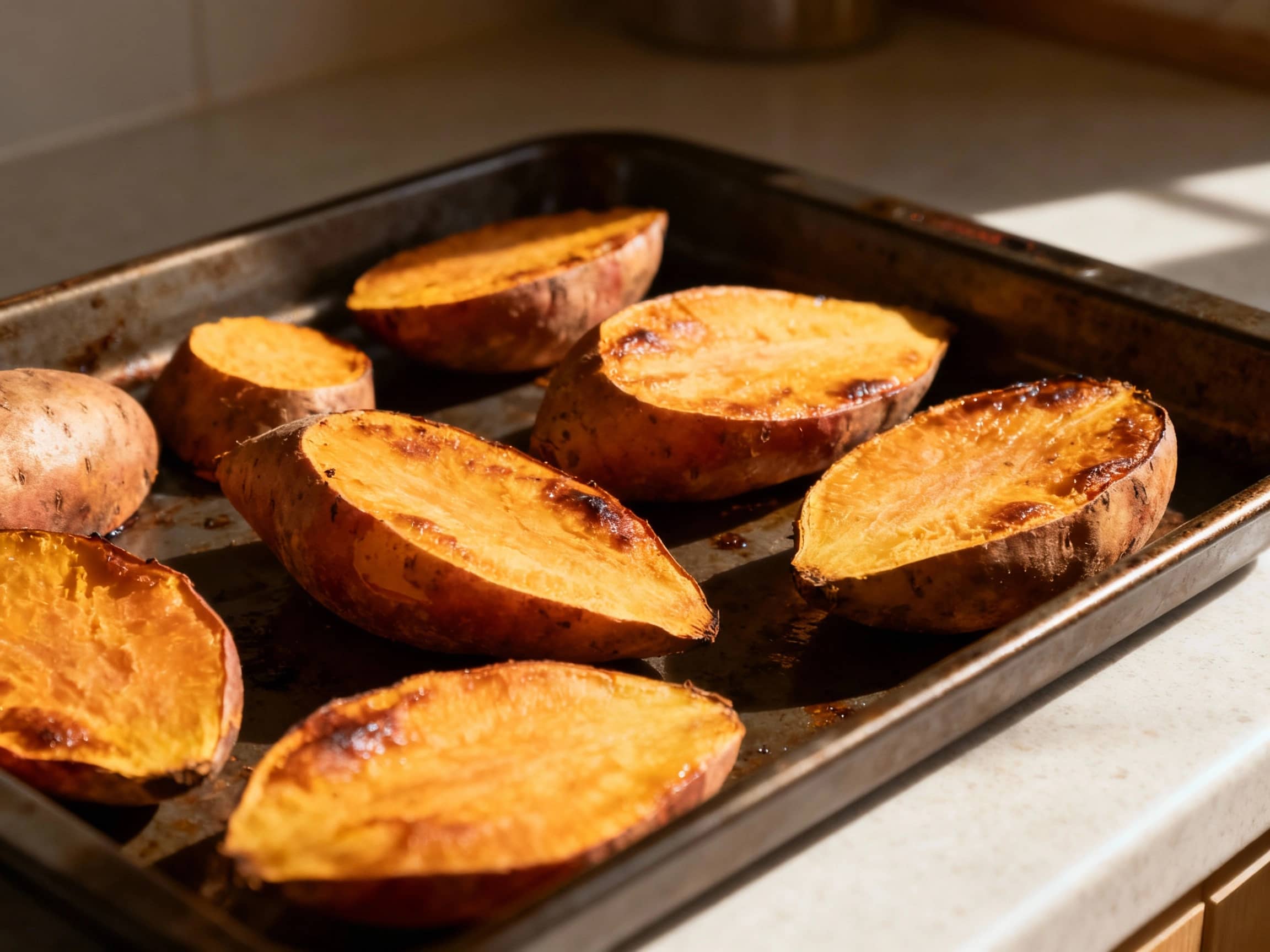 Well roasted sweet potato halves in a baking tray. Soft, natural light filters from the side, highlighting their natural texture and shape. The setting suggests a simple kitchen counter, evoking a sense of natural bounty and wholesome food. The view is a slightly high-angle shot, emphasizing the abundance and variety of the kumara cut in halve and well backed.