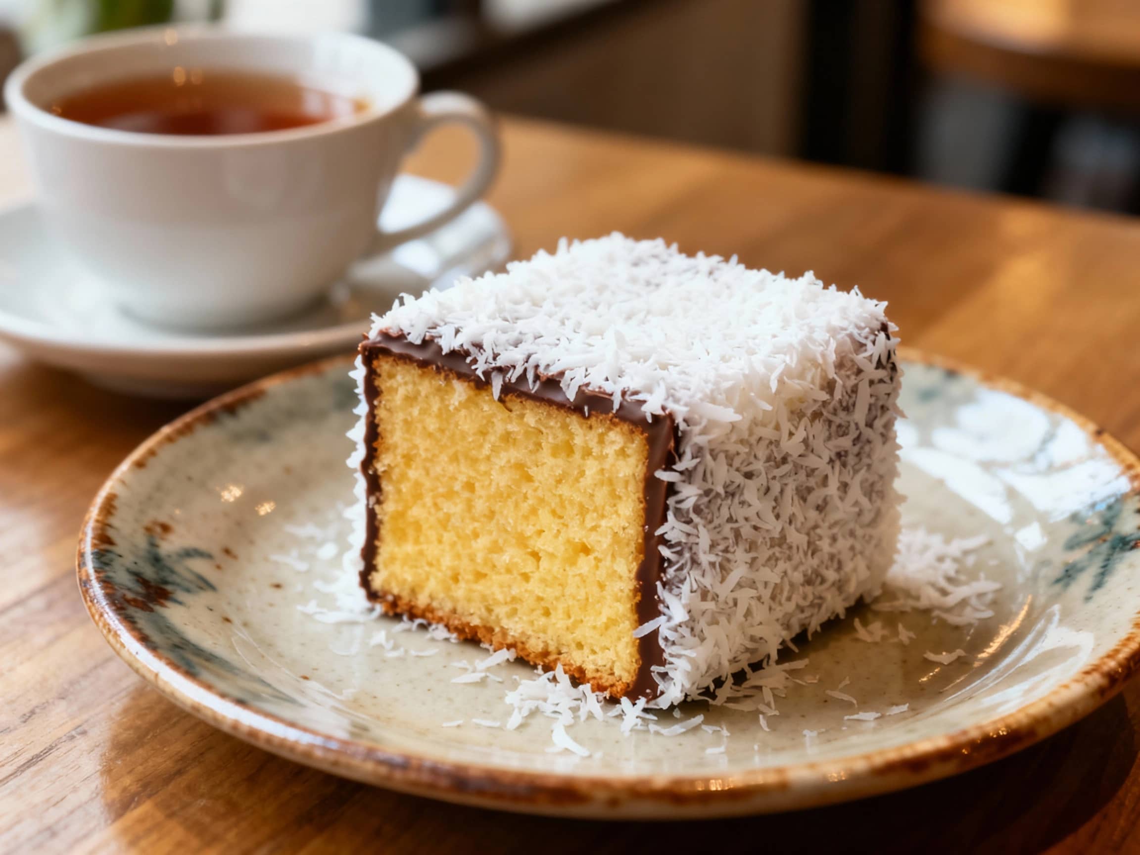 A perfectly cut Lamington, a square of golden sponge cake covered in a thin chocolate coating and generously rolled in white desiccated coconut. Presented on a vintage ceramic plate with a cup of tea in the background, soft natural light, cozy café setting.