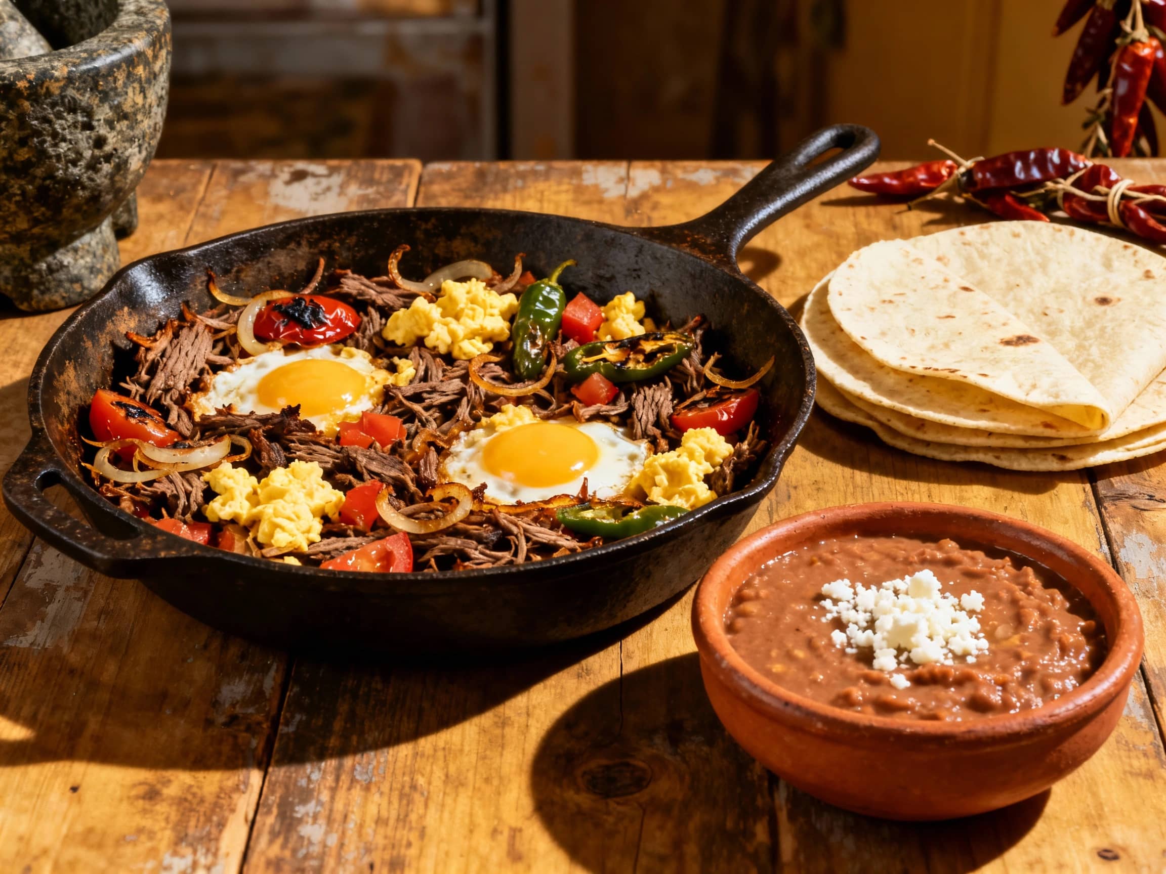 A rustic skillet filled with sizzling Machaca con Huevo, showcasing tender shredded beef mixed with scrambled eggs, diced tomatoes, onions, and green chilies. Served with warm flour tortillas and a side of creamy refried beans in earthenware bowls. The setting implies a homey, traditional Northern Mexican kitchen, with warm, directional light highlighting the textures. Close-up, slightly elevated view.