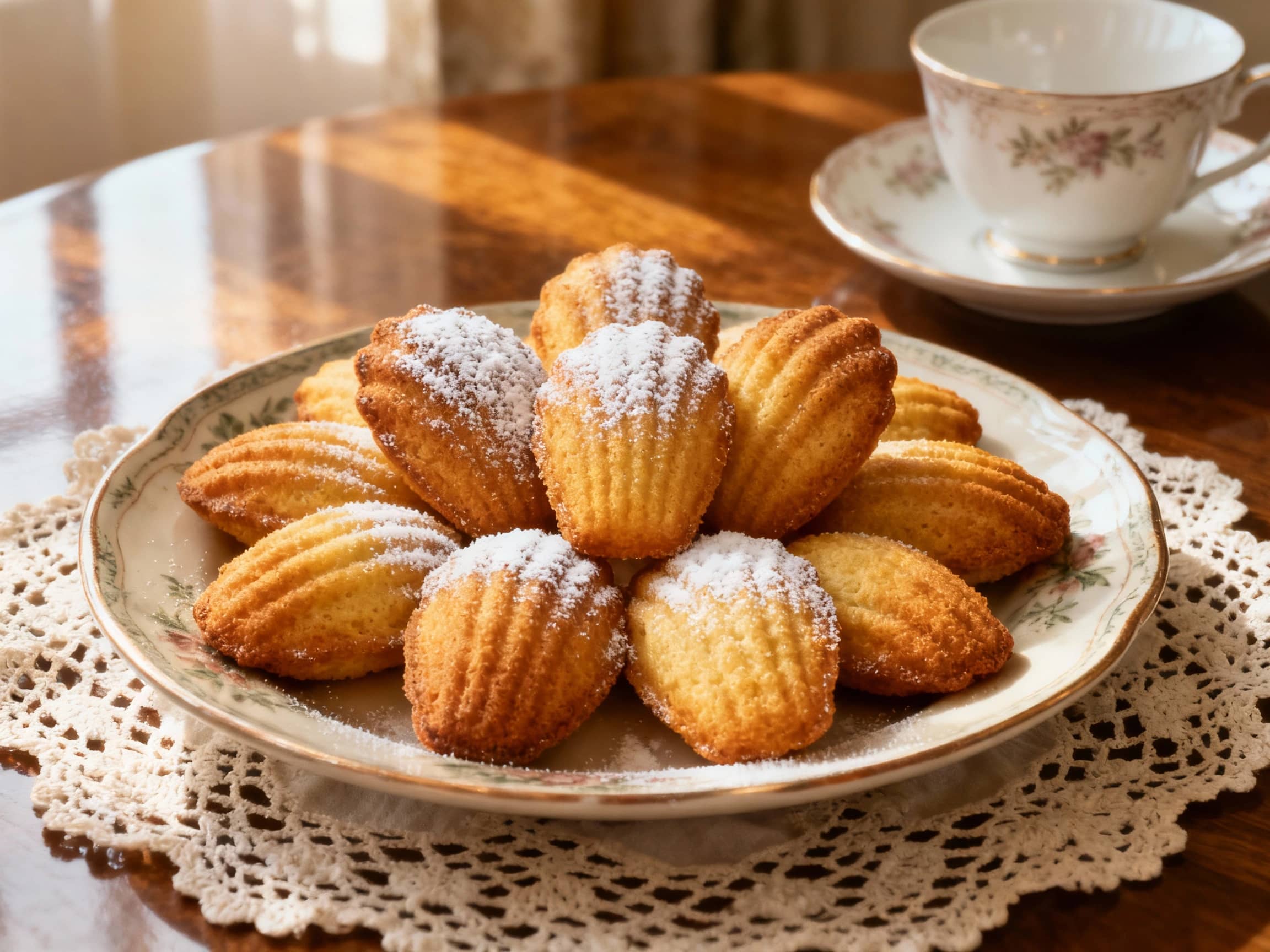 A spread of golden-brown Madeleines, some dusted lightly with powdered sugar, arranged artfully on a vintage ceramic plate. The distinct shell pattern and the characteristic 'hump' are clearly visible. The plate is set on a lace doily on a polished wooden table, accompanied by a delicate porcelain teacup and saucer, with soft, diffused morning light filtering in through a window, creating a serene and nostalgic atmosphere, viewed at eye-level.