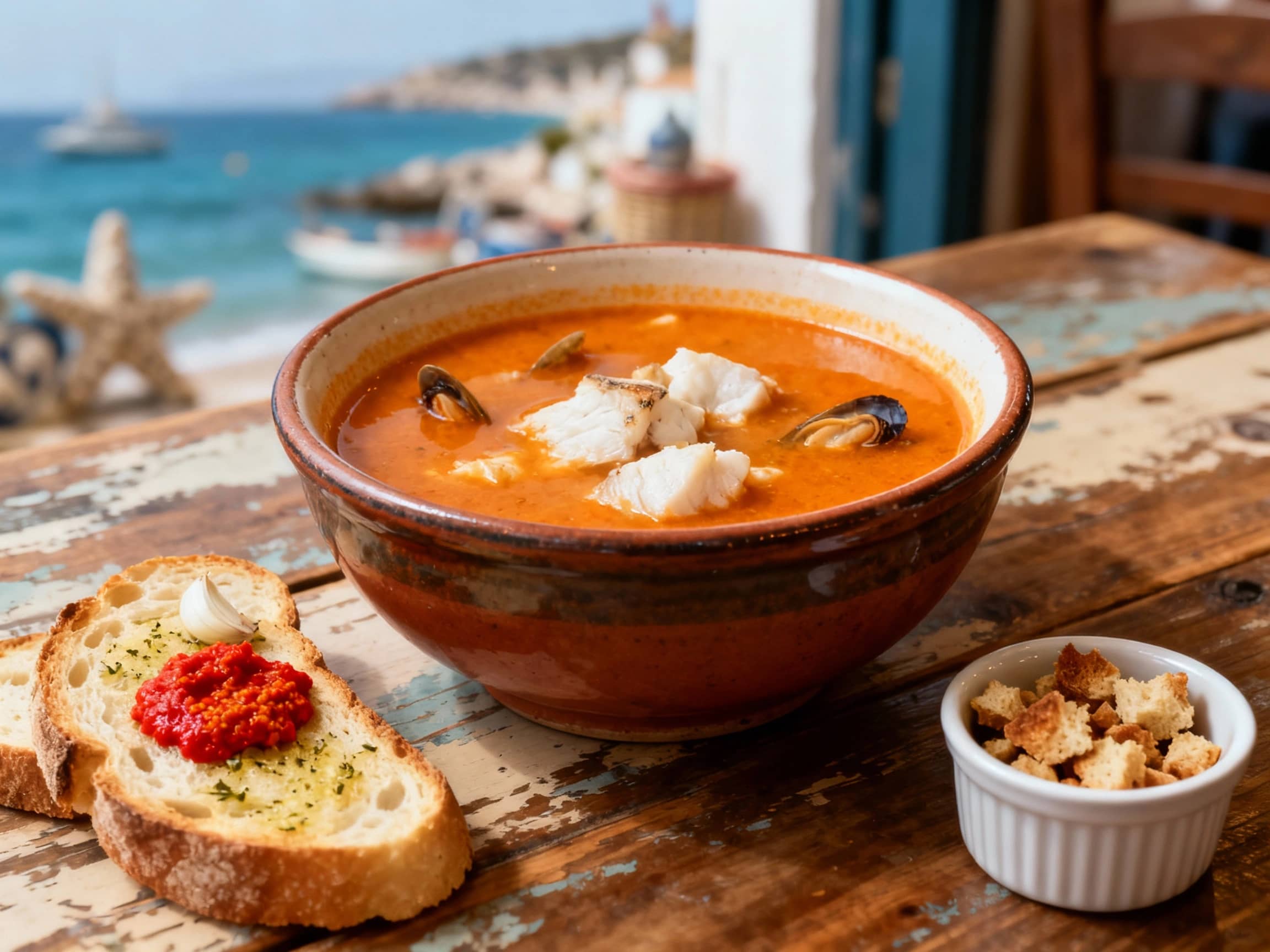 A rustic, deep ceramic bowl filled with a rich, orange-hued Marseille Fish Soup. Chunks of tender white fish and a few pieces of shellfish are visible. Beside the bowl, on a worn wooden table, are slices of crusty baguette lightly toasted and rubbed with garlic, topped with a dollop of vibrant red rouille sauce. A small ramekin of crumbled croutons sits nearby. The setting evokes a traditional Provençal restaurant, with soft, natural light streaming in, perhaps from a nearby window overlooking the Mediterranean. The atmosphere is warm and inviting, with a slightly blurred background showing hints of coastal decor. Close-up, eye-level shot.