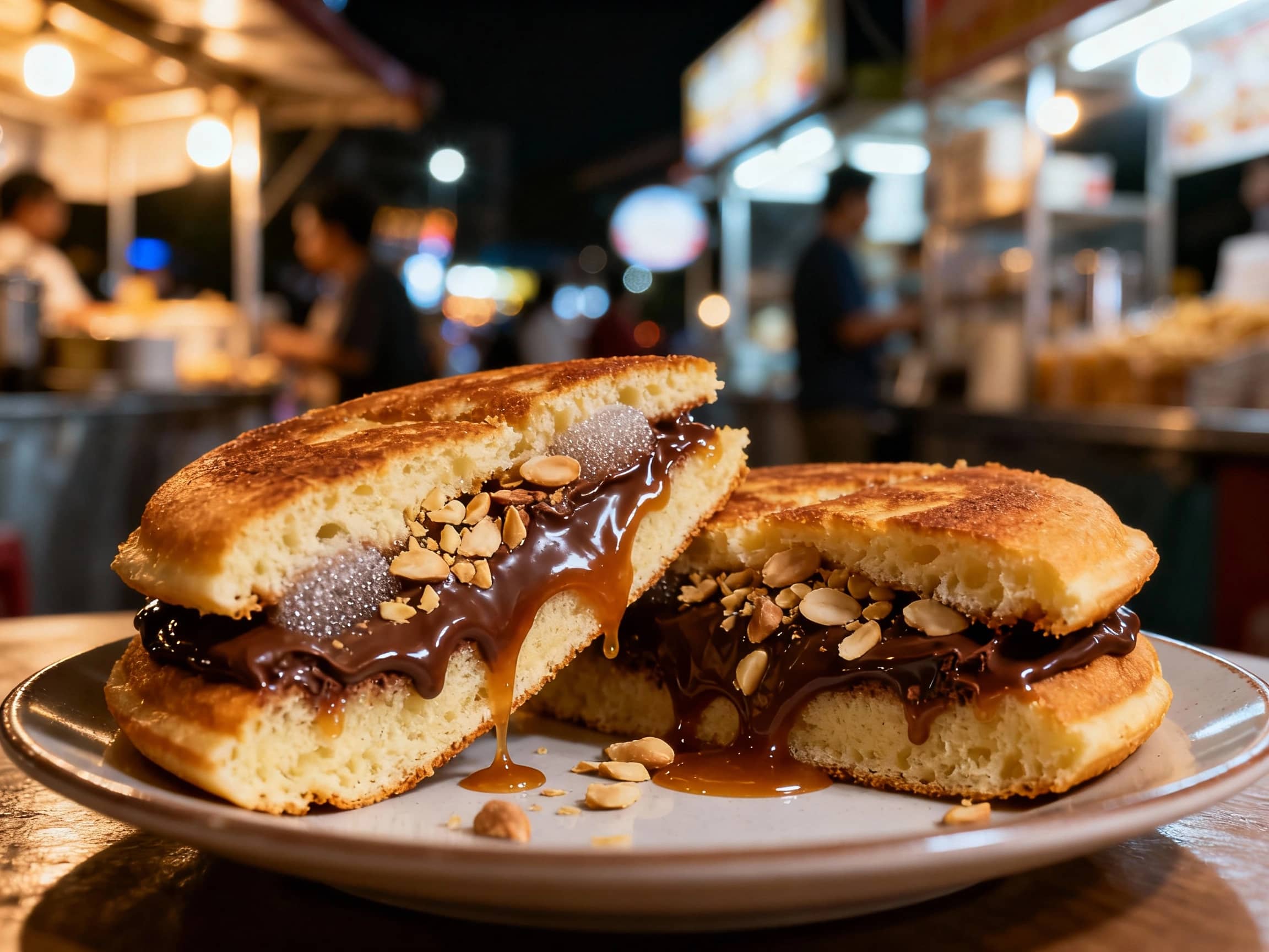 A close-up, slightly angled shot of a freshly made Martabak Manis on a simple plate, cut into generous wedges to reveal its thick, fluffy interior. Caramelized sugar, melted chocolate, and crushed peanuts are visible oozing from the filling. The pancake has a golden-brown, slightly crisp exterior. Soft, warm ambient lighting from a street vendor's stall or a cozy cafe highlights the richness and texture. The background is slightly blurred, suggesting a bustling night market or a lively eatery.