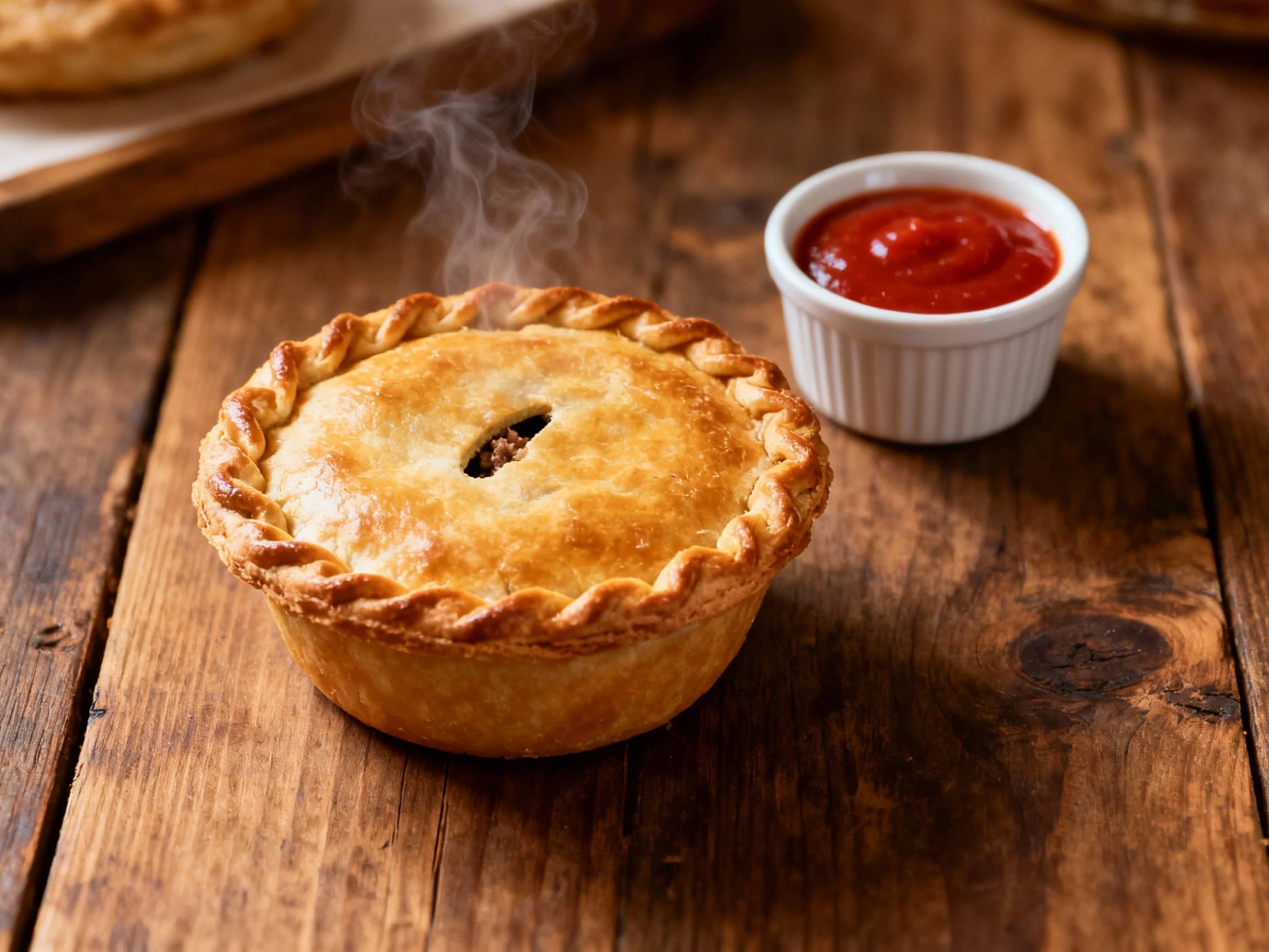 Overhead shot of a golden-brown meat pie resting on a rustic wooden table. The pie is perfectly crimped and slightly steaming, showcasing its savory filling peeking through a small vent. Beside it, a small ramekin of tomato sauce. The background is slightly blurred, hinting at a cozy, traditional Australian bakery or kitchen environment. Natural, warm lighting enhances the texture of the pastry. The atmosphere is comforting and classic.