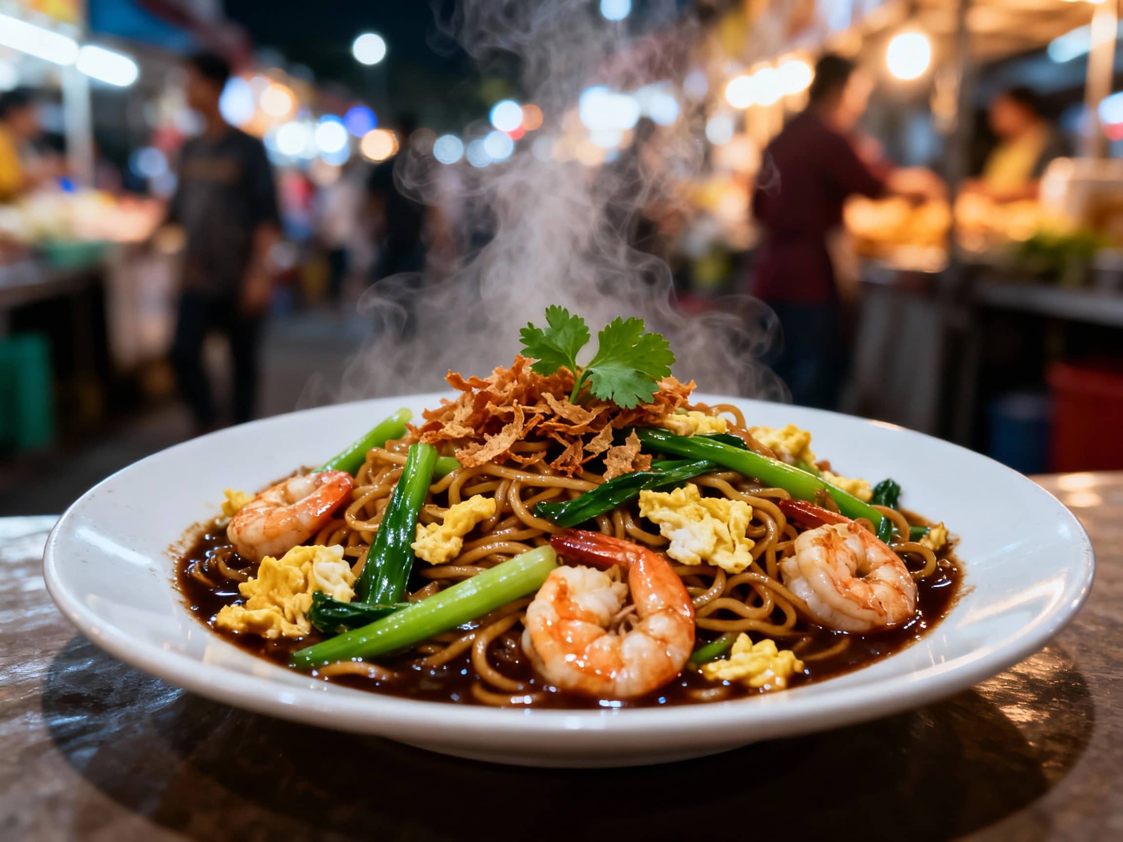 A steaming plate of Mie Goreng, showcasing glistening stir-fried egg noodles mixed with vibrant green vegetables, scrambled egg pieces, and plump shrimp, all coated in a rich, dark sauce. Garnished with crispy fried shallots and a sprig of fresh cilantro, served on a simple white ceramic plate. The dish is presented from a medium-high angle, with soft, natural light highlighting the textures and colors. The background subtly suggests a bustling Indonesian night market with blurred figures and warm ambient lighting.