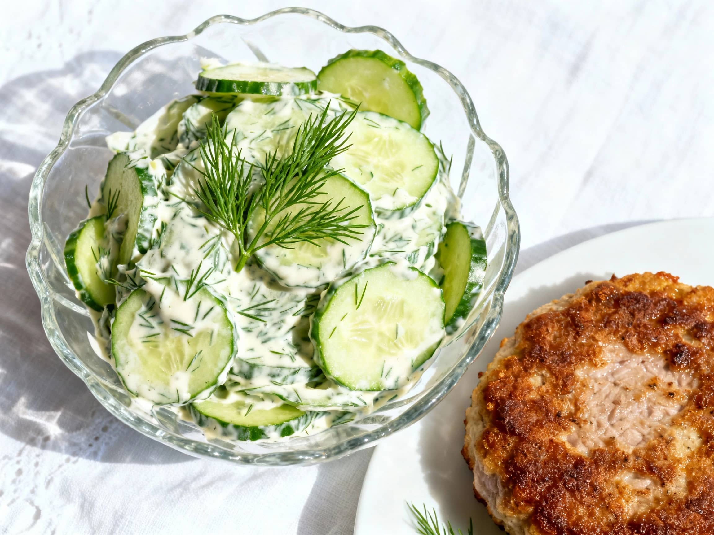 A close-up, top-down view of Mizeria served in a delicate glass bowl on a white, linen tablecloth. The salad features thinly sliced cucumbers coated in a creamy dill dressing. A few sprigs of fresh dill are artfully placed on top. The lighting is bright and natural, emphasizing the freshness and crispness of the salad, positioned next to a perfectly cooked Kotlet Schabowy.