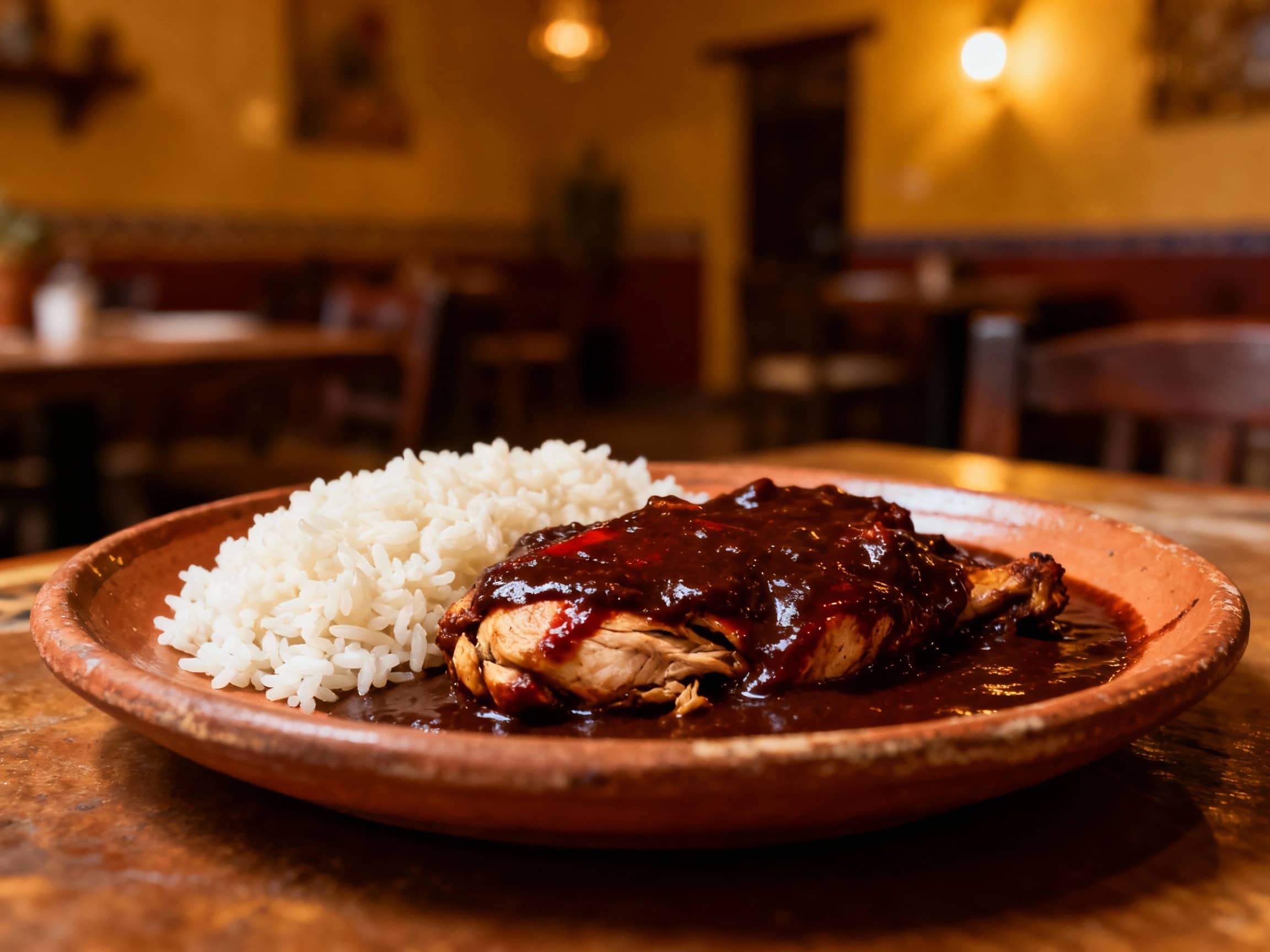 A richly sauced plate of traditional Mole Poblano, featuring a generous portion of dark, glossy mole generously coating a piece of tender chicken, served alongside fluffy white rice. The dish is presented on a rustic ceramic plate, with a hint of a warm, dimly lit Mexican dining room in the background. The lighting is soft and warm, highlighting the deep colors of the mole. Shot from a slightly elevated, eye-level perspective.