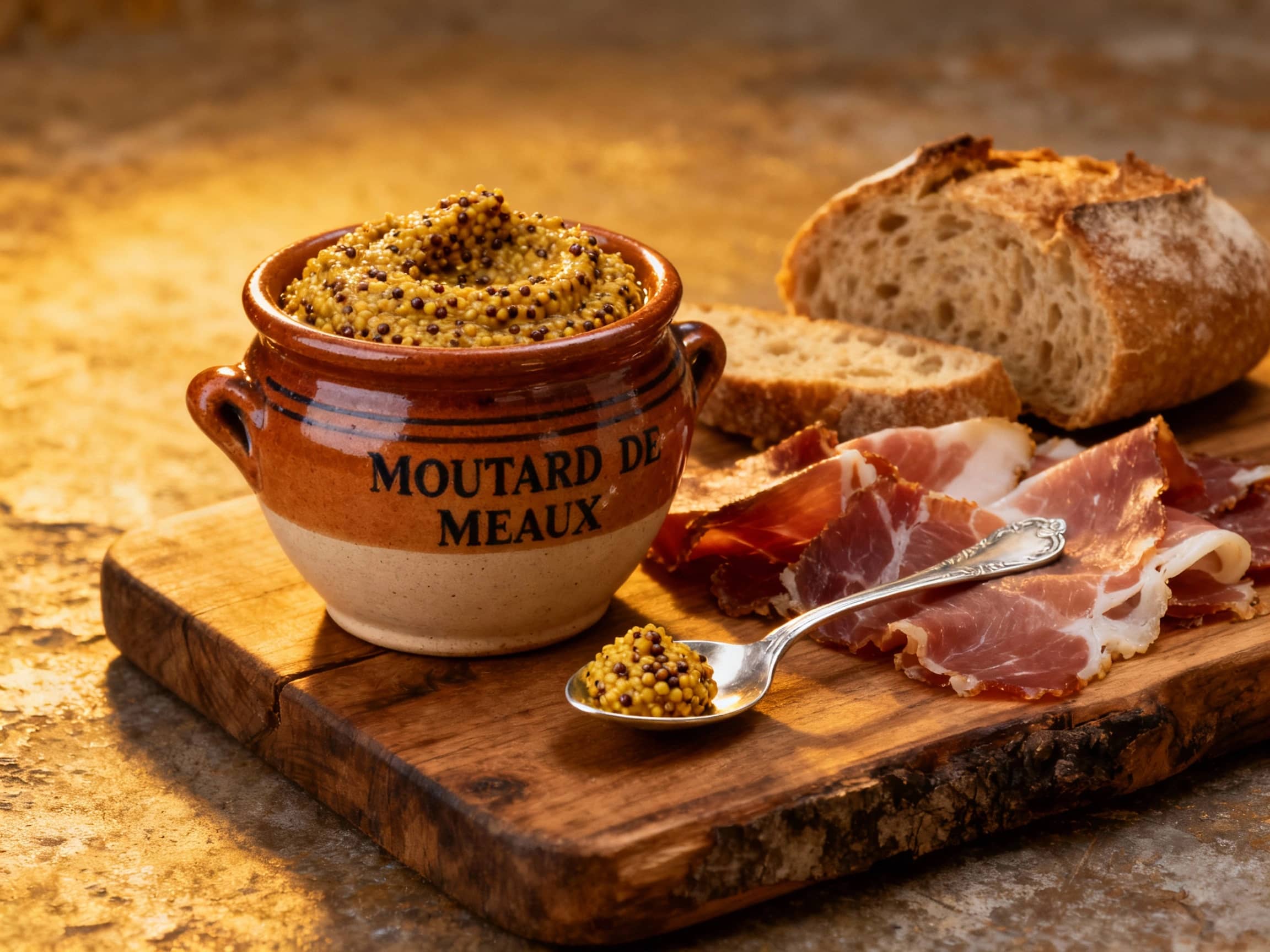 A traditional stoneware crock of Moutarde de Meaux, showcasing its coarse, grainy texture with visible mustard seeds. Positioned on a rustic wooden board, next to a small silver spoon with a dollop of mustard, surrounded by cured meats and crusty bread, in warm, inviting light, shot from a slightly low angle to emphasize the crock.
