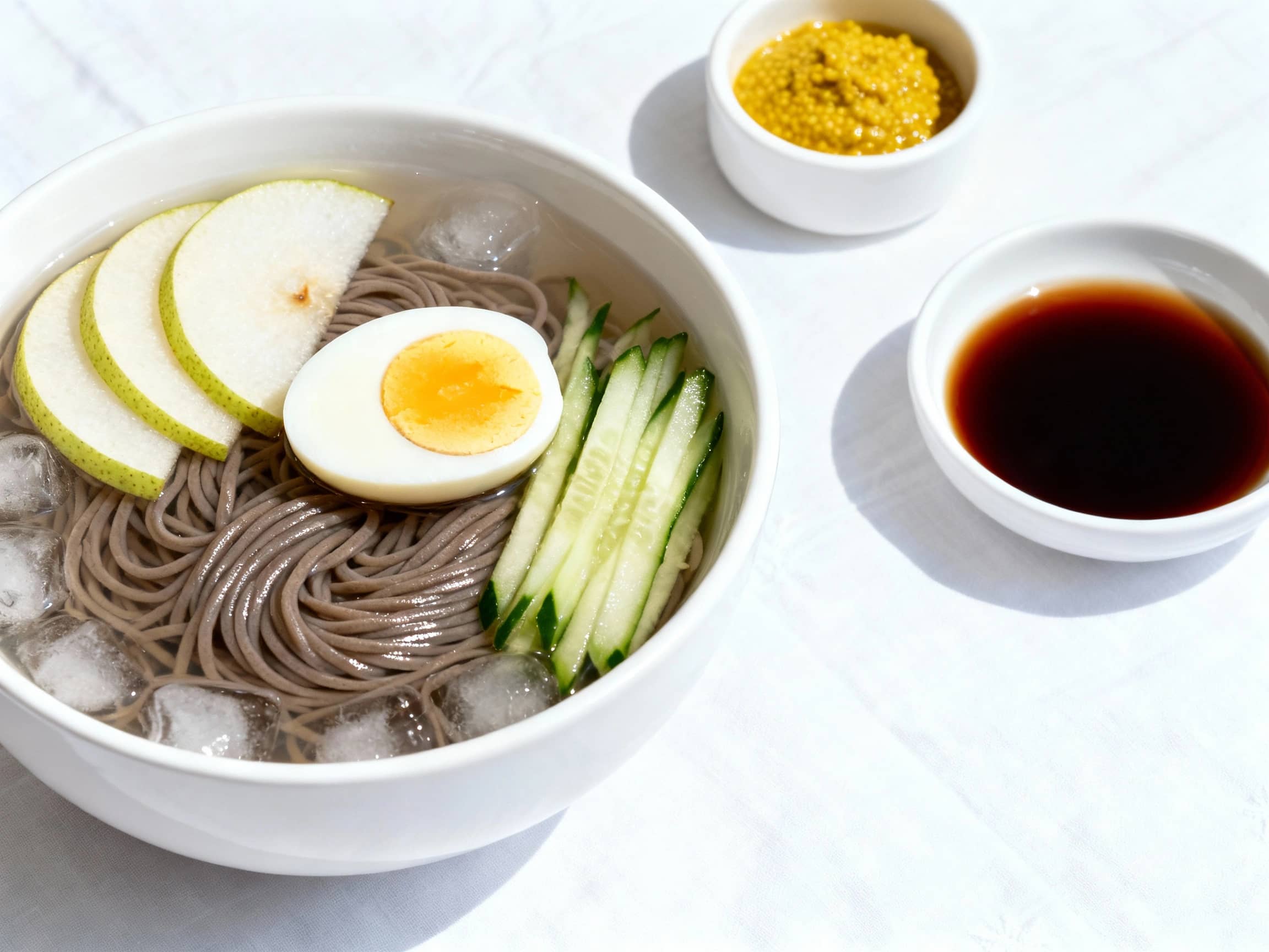 A pristine bowl of Mul Naengmyeon with glistening buckwheat noodles submerged in an icy, clear broth, garnished with thin slices of Korean pear, cucumber, and half a hard-boiled egg. The bowl rests on a white tablecloth, with a side of mustard and vinegar, under bright, natural light, creating a refreshing and elegant presentation.