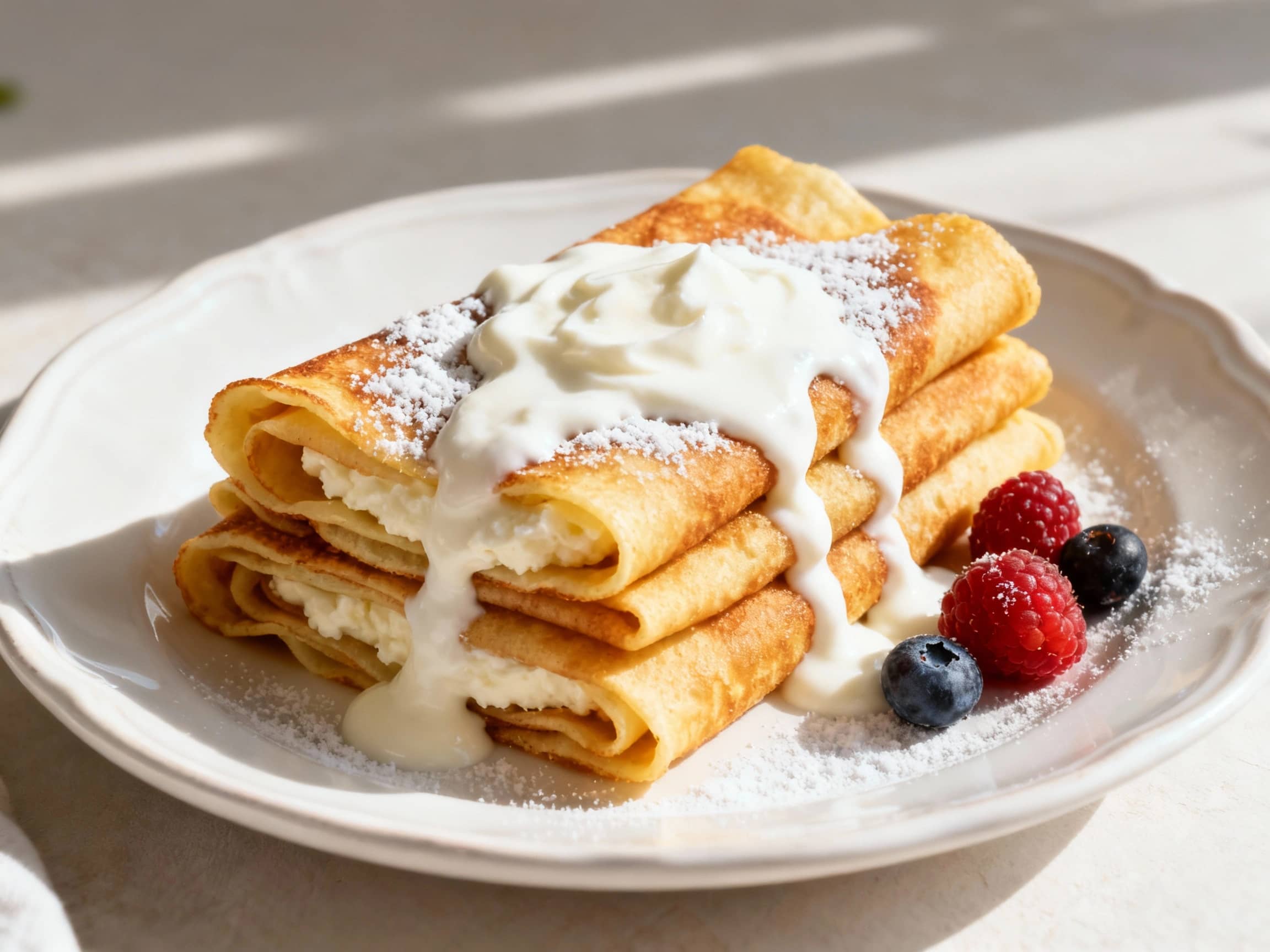 A stack of golden-brown Nalysnyky z Syrom, neatly folded or rolled, generously drizzled with sour cream and a sprinkle of powdered sugar, perhaps a few fresh berries on the side, served on a white ceramic plate, soft morning light, appetizing and comforting, slightly elevated view.