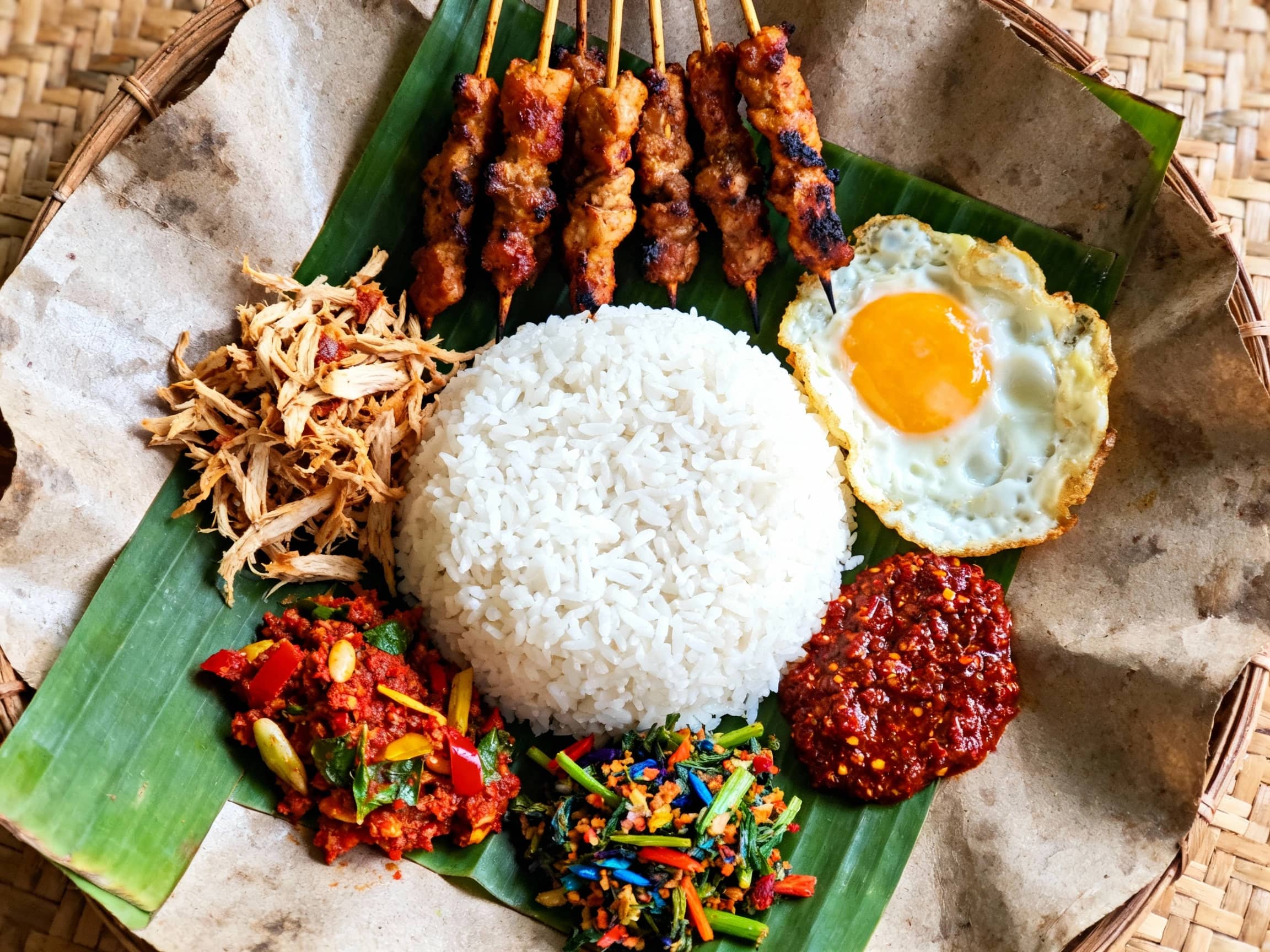 A close-up overhead shot of a vibrant Nasi Campur served on a rustic banana leaf or a traditional woven placemat. The plate is artfully arranged with small, colorful portions of various side dishes such as grilled sate skewers, a small mound of shredded chicken in sambal, a scoop of vibrant lawar, a fried egg, and a side of chili paste. The fluffy white rice forms the center or a peak of the arrangement. Natural, soft daylight illuminates the scene, highlighting the textures and colors of the food. The atmosphere is warm and inviting, evoking a sense of authentic Indonesian home cooking.