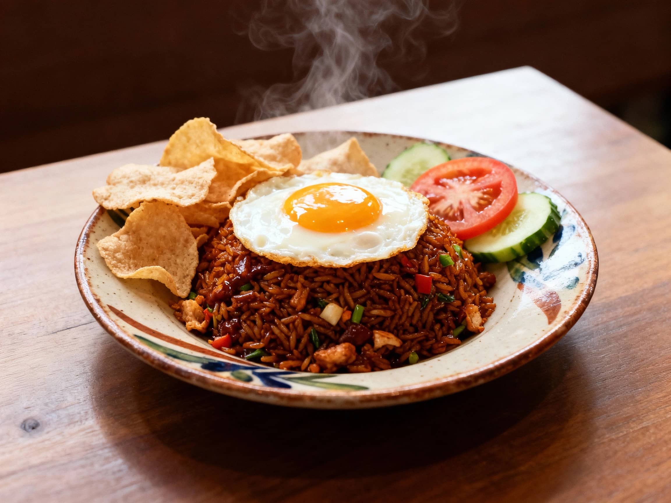 A steaming plate of Nasi Goreng, a vibrant Indonesian fried rice, is presented on a rustic, hand-painted ceramic plate. The rice is a deep caramel color from kecap manis, studded with small pieces of vegetables and protein, topped with a perfectly fried sunny-side-up egg with a glistening yolk. A side of crisp kerupuk (crackers) and sliced cucumber and tomato adds texture and freshness. The lighting is warm and natural, casting a soft glow, creating an inviting atmosphere on a simple wooden table. Overhead shot, slightly angled.