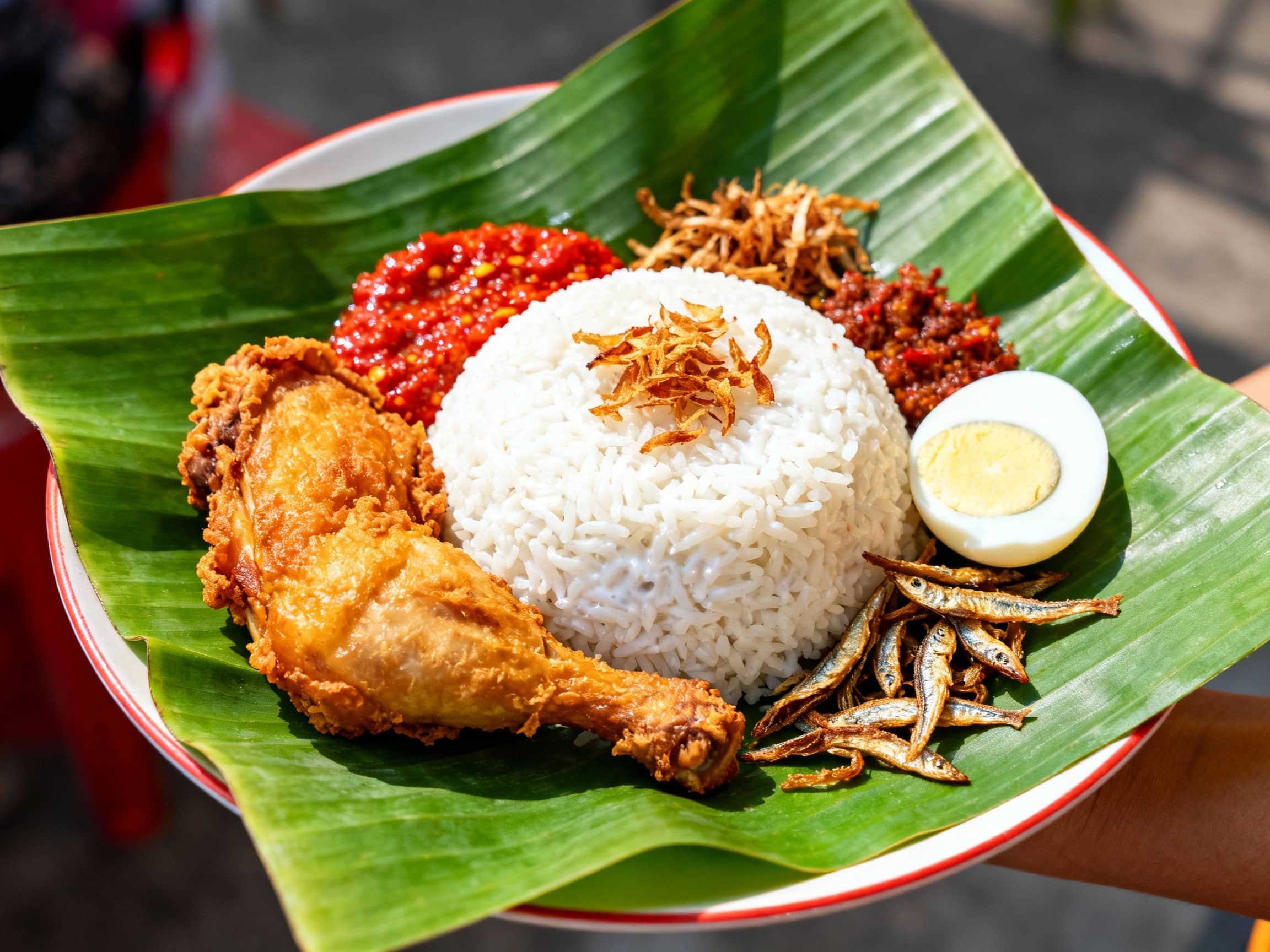 A vibrant overhead view of Nasi Uduk served on a banana leaf-lined plate. The centerpiece is a mound of fragrant white rice cooked in coconut milk, surrounded by an assortment of colorful side dishes: crispy golden-brown fried chicken, a small mound of fiery red sambal, crispy fried anchovies, and a sliced hard-boiled egg. A sprinkle of fried shallots garnishes the rice. The lighting is bright and natural, highlighting the textures and inviting contrast of the food. The background is slightly blurred, suggesting a casual, authentic Indonesian eatery.