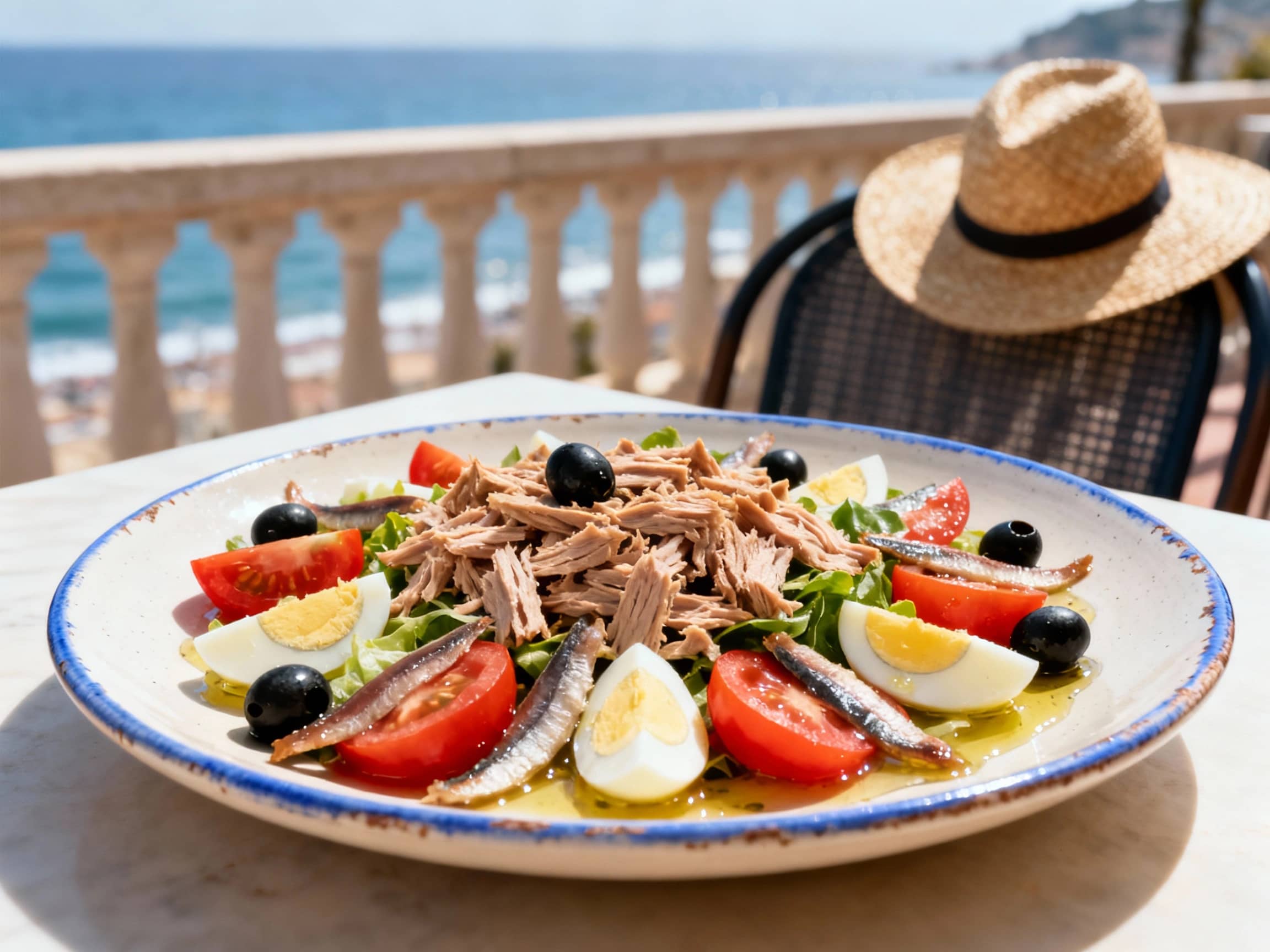 A generously portioned, colourful Salade Niçoise served on a large, slightly chipped ceramic plate with a subtle blue rim. The salad is meticulously arranged, showcasing fresh tomatoes, flakes of high-quality canned tuna, quartered hard-boiled eggs, black Niçoise olives, and anchovy fillets. A light vinaigrette glistens on the ingredients. The setting is a sun-drenched terrace in Nice, with the Mediterranean Sea visible in the blurred background. A straw hat rests on a nearby chair. The atmosphere is relaxed and summery, captured in a medium shot with natural daylight.